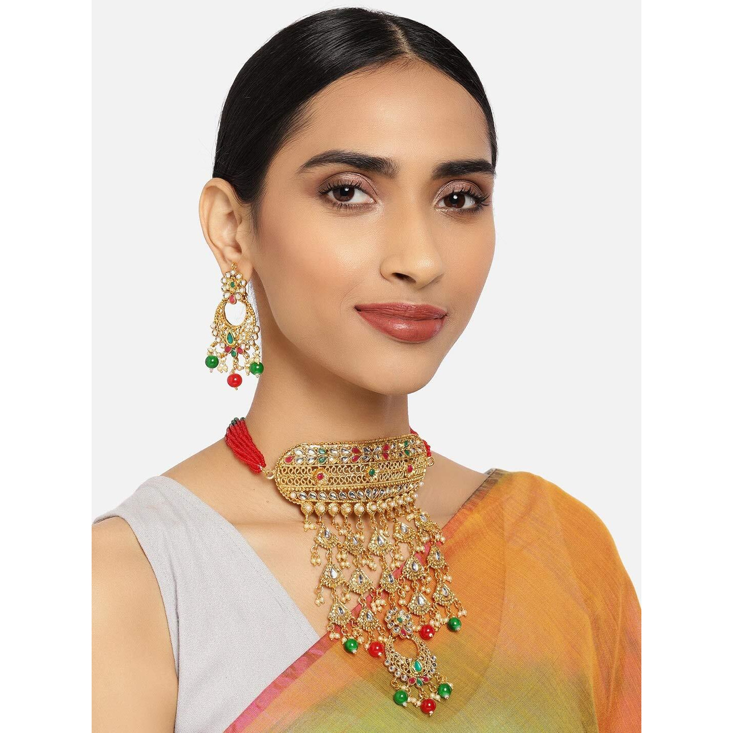 ZAVERI PEARLS Green Red Stones & Beads Traditional Choker Necklace & Earring Set For Women-ZPFK9976