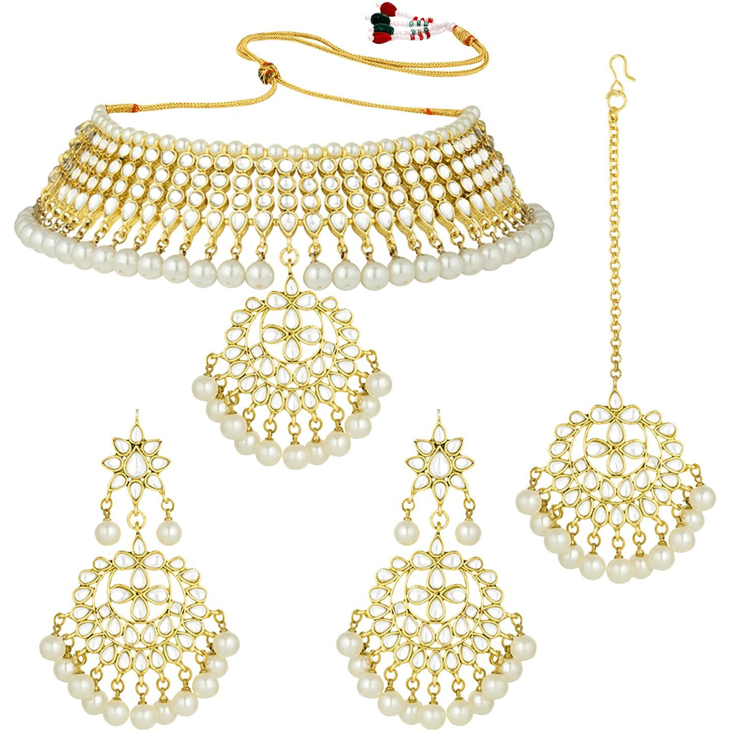 Peora Gold Plated Kundan Faux Pearl Choker Necklace Earring Maang Tikka Traditional Jewellery Set for Women Girls
