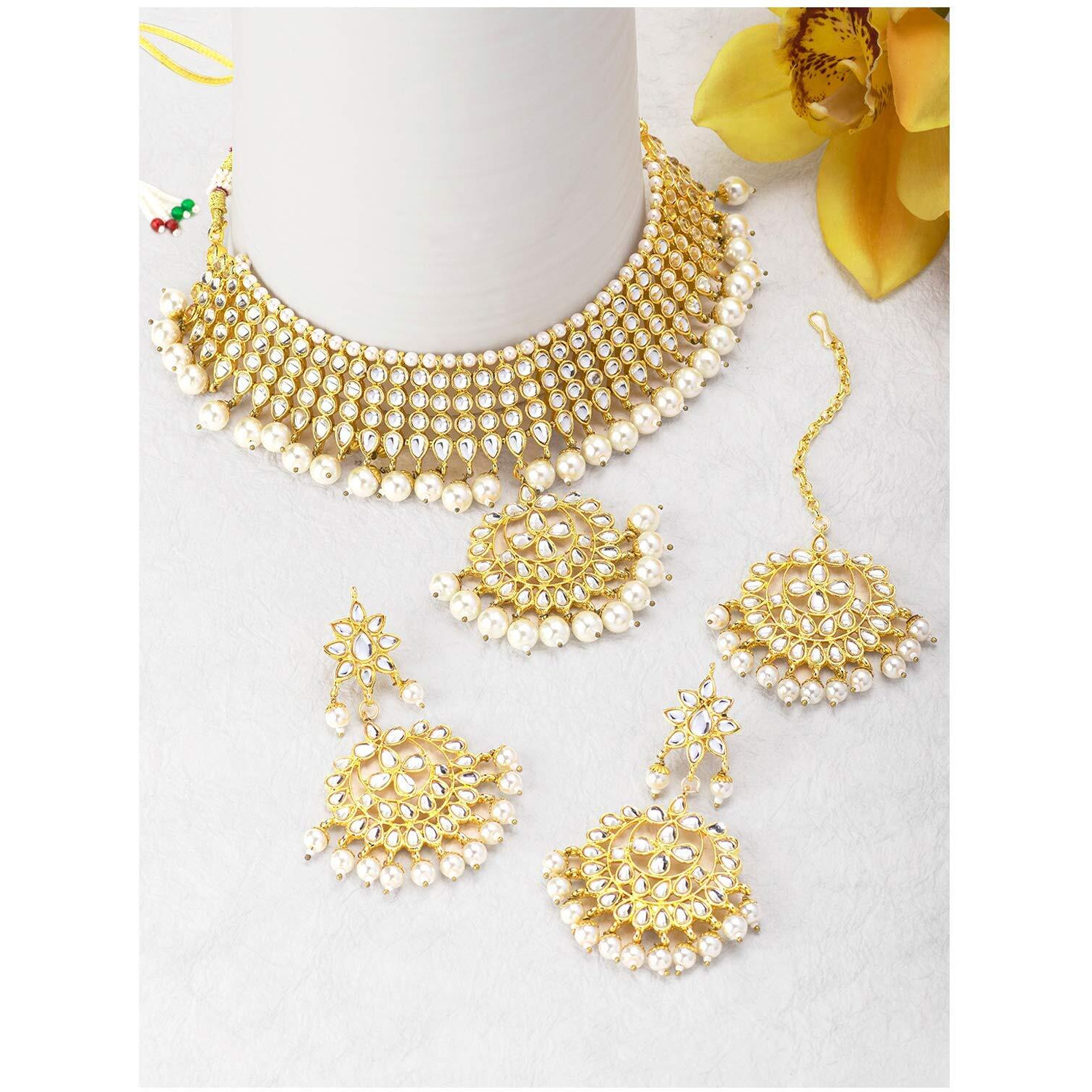 Peora Gold Plated Kundan Faux Pearl Choker Necklace Earring Maang Tikka Traditional Jewellery Set for Women Girls