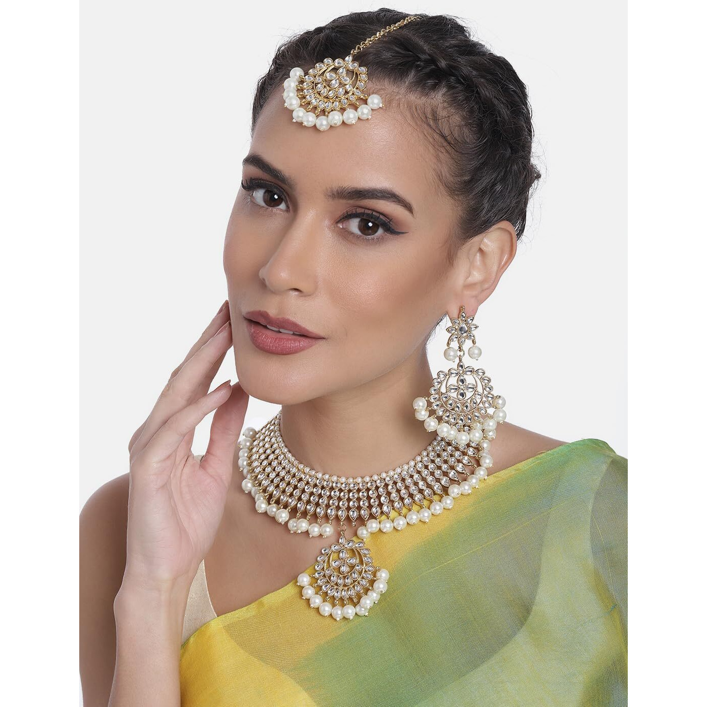 Peora Gold Plated Kundan Faux Pearl Choker Necklace Earring Maang Tikka Traditional Jewellery Set for Women Girls