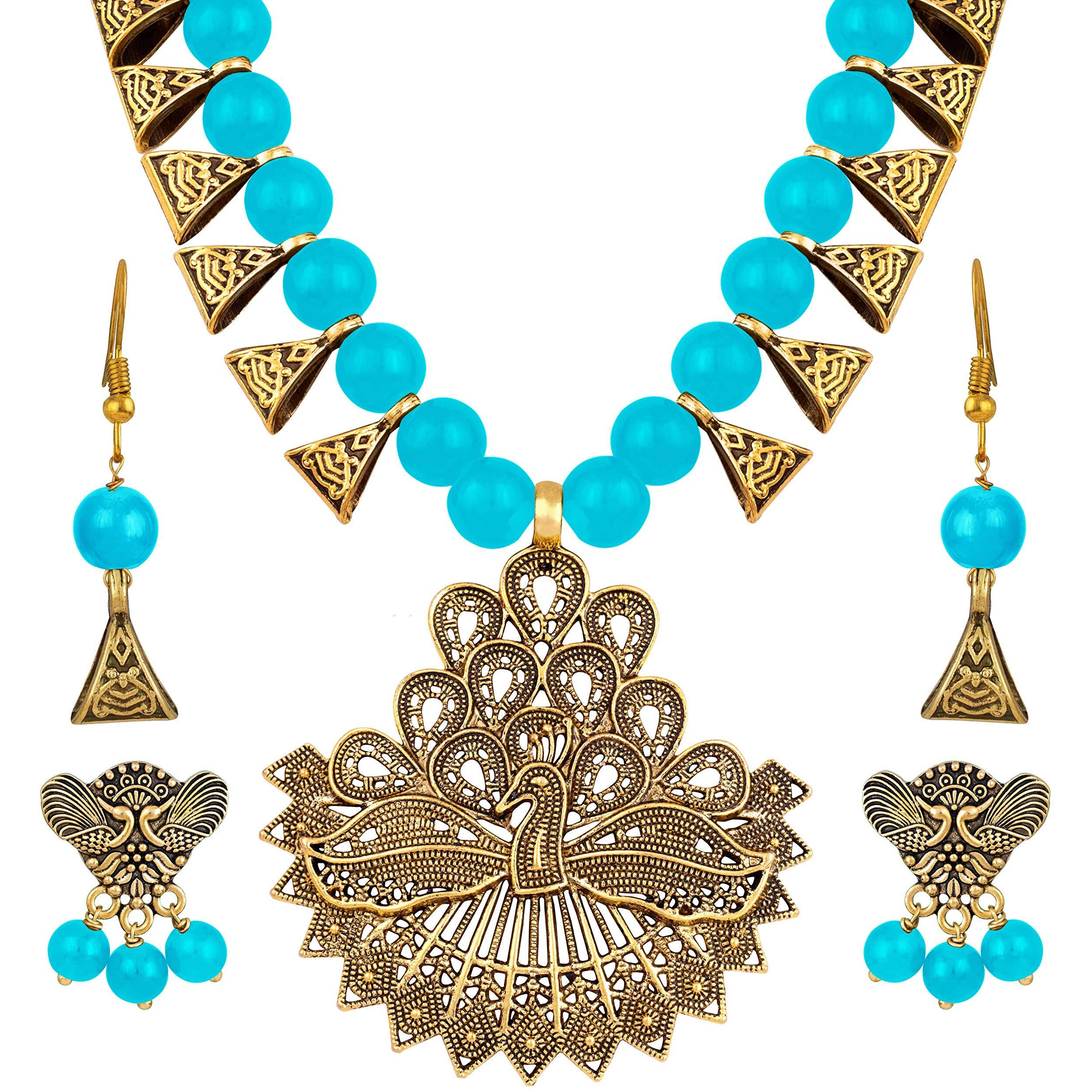 JFL - Jewellery for Less Handcrafted Gold Peacock German Silver Oxidized Combo of 2 Earrings and Beaded Necklace Set with Adjustable Thread for women & girls,Valentine