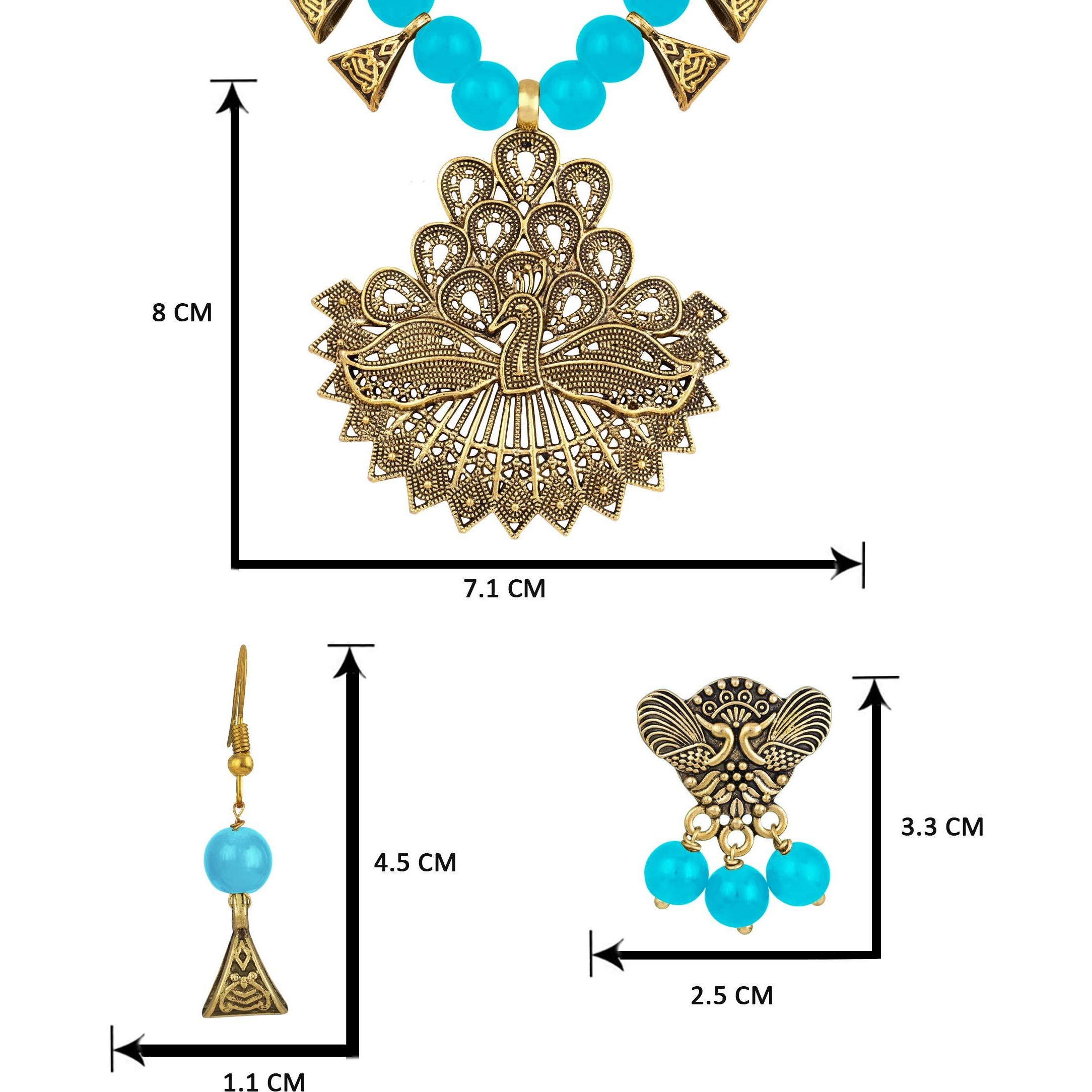 JFL - Jewellery for Less Handcrafted Gold Peacock German Silver Oxidized Combo of 2 Earrings and Beaded Necklace Set with Adjustable Thread for women & girls,Valentine