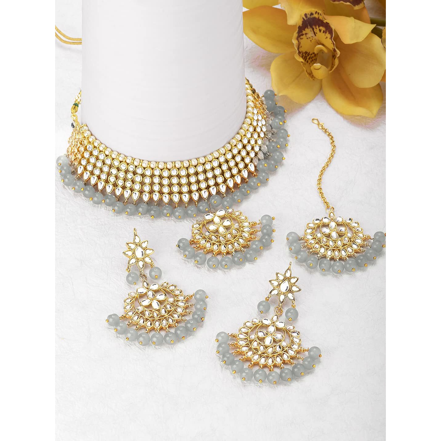 Peora Gold Plated Kundan Faux Pearl Choker Necklace Earring Maang Tikka Traditional Jewellery Set for Women Girls