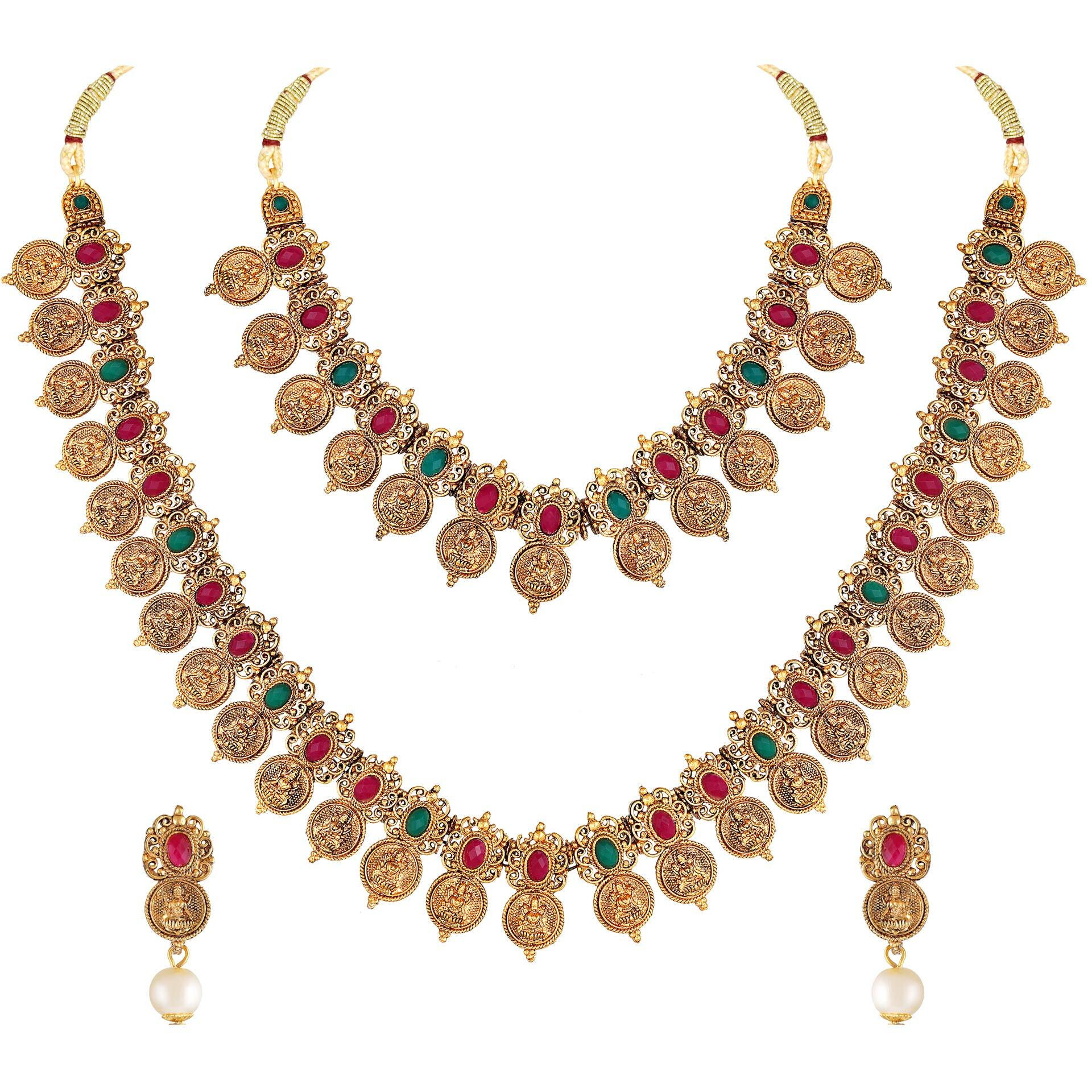 Shining Diva Fashion Latest Combo Design Stylish Temple Necklace Traditional Gold Plated Jewellery Set for Women (Multi-Colour) (10812s)