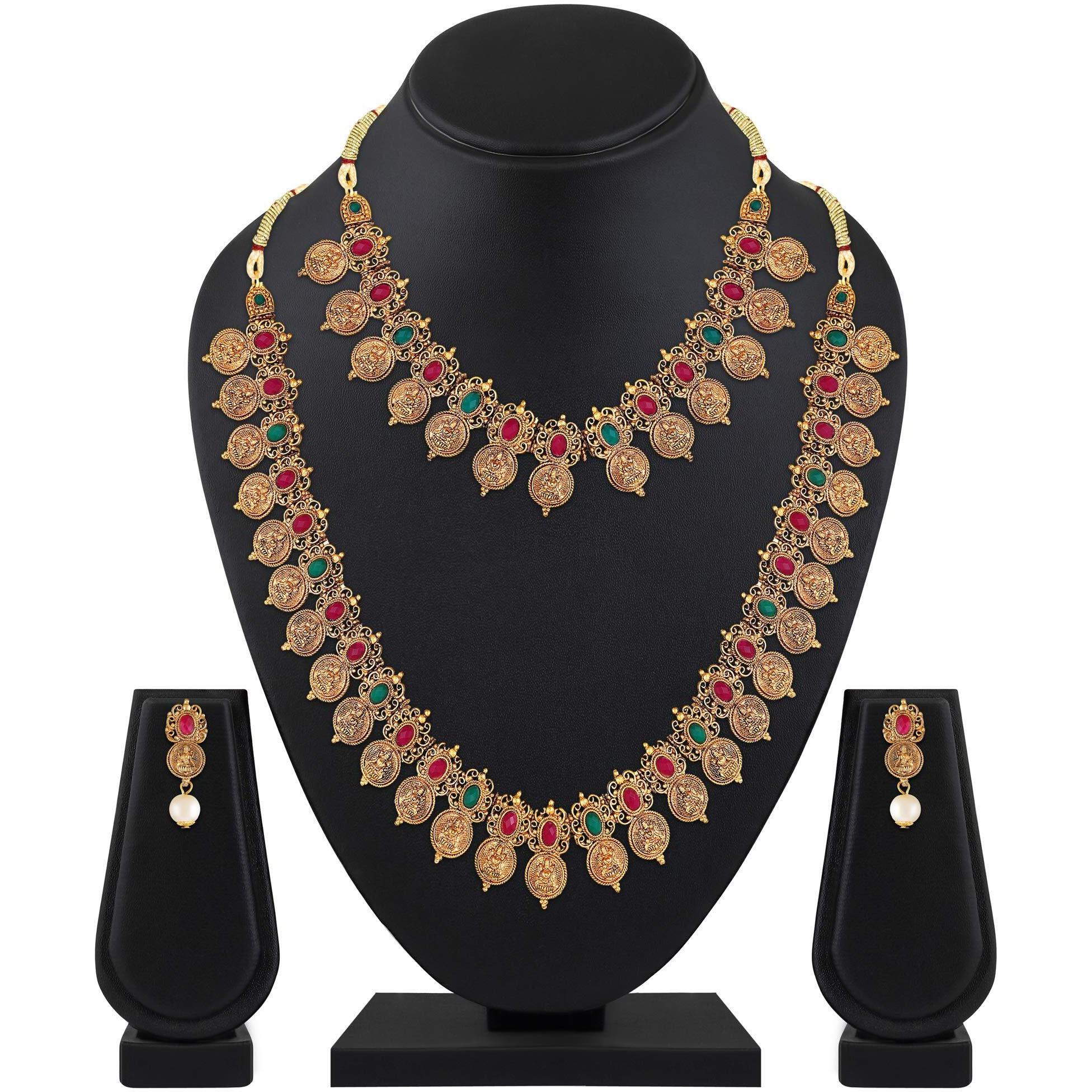 Shining Diva Fashion Latest Combo Design Stylish Temple Necklace Traditional Gold Plated Jewellery Set for Women (Multi-Colour) (10812s)