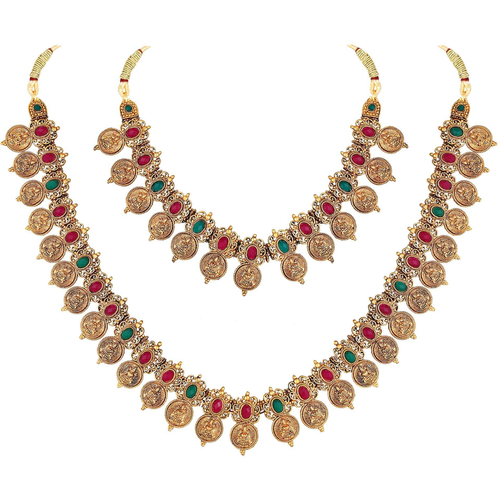 Shining Diva Fashion Latest Combo Design Stylish Temple Necklace Traditional Gold Plated Jewellery Set for Women (Multi-Colour) (10812s)
