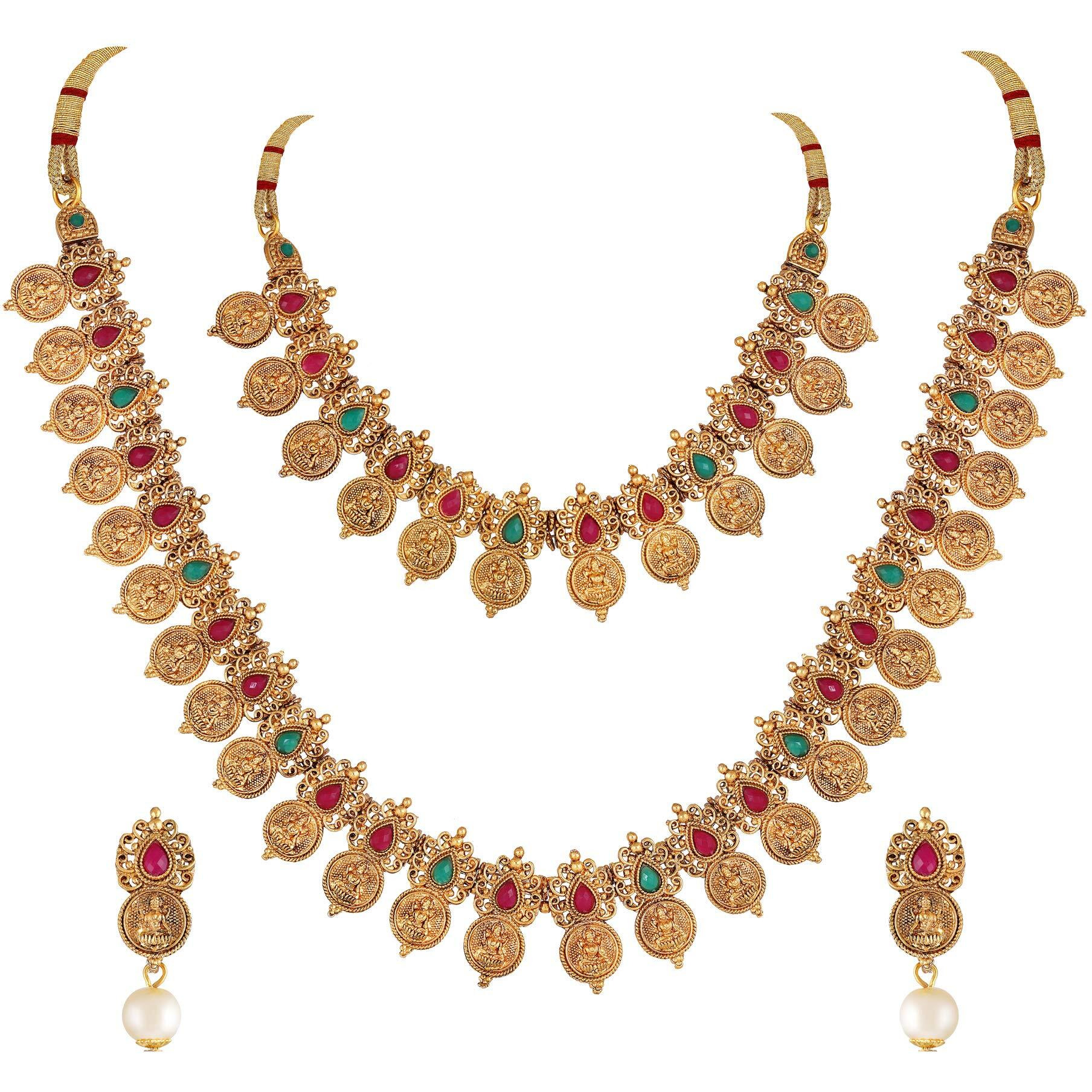 Shining Diva Fashion Latest Combo Design Stylish Temple Necklace Traditional Gold Plated Jewellery Set for Women (Multi-colour) (10811s)
