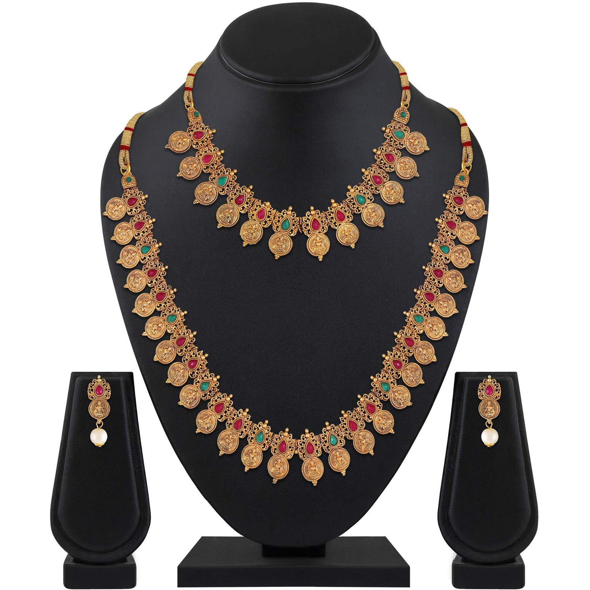 Shining Diva Fashion Latest Combo Design Stylish Temple Necklace Traditional Gold Plated Jewellery Set for Women (Multi-colour) (10811s)