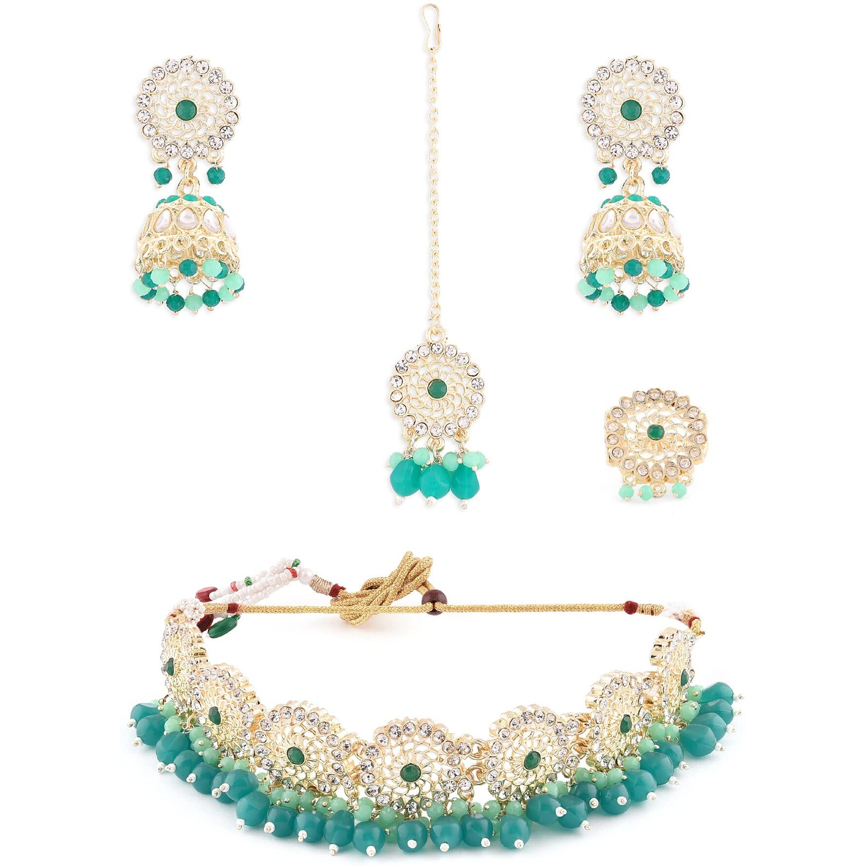 ZAVERI PEARLS Green Bead Drops Dazzling Diamonds Choker Necklace Earring Maangtikka & Ring Set For Women-ZPFK14397