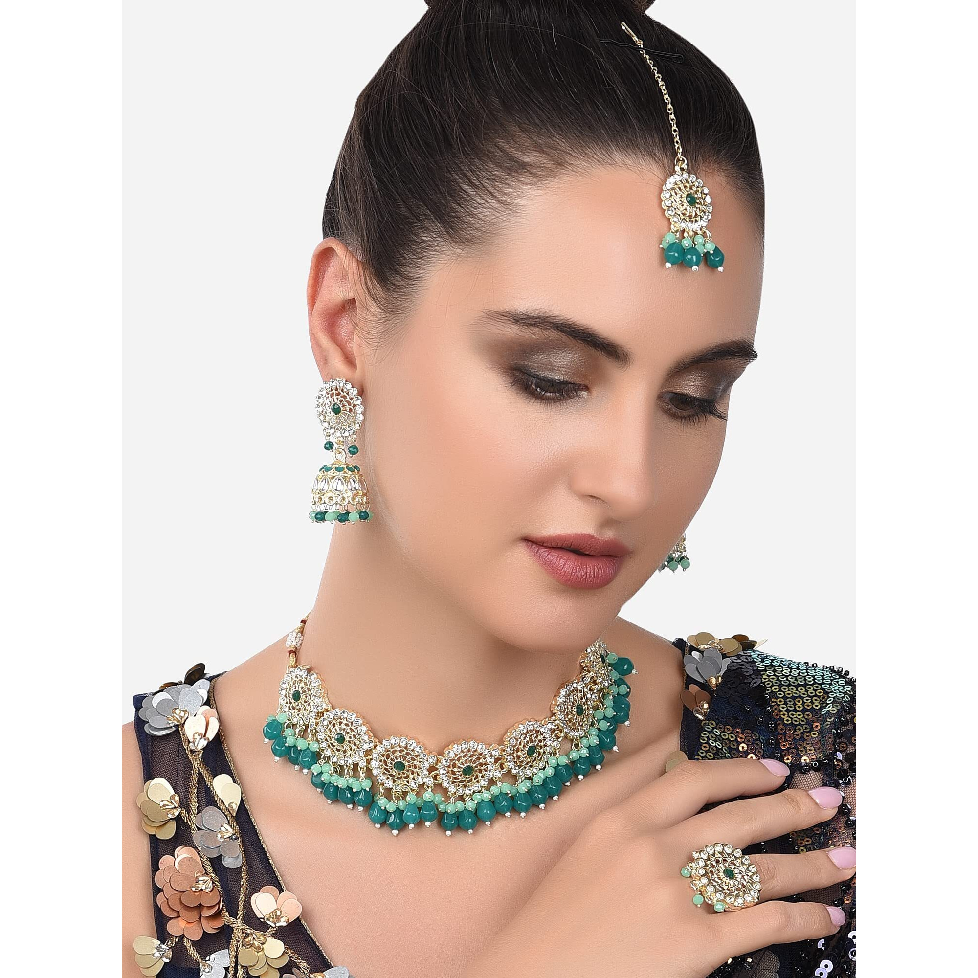 ZAVERI PEARLS Green Bead Drops Dazzling Diamonds Choker Necklace Earring Maangtikka & Ring Set For Women-ZPFK14397