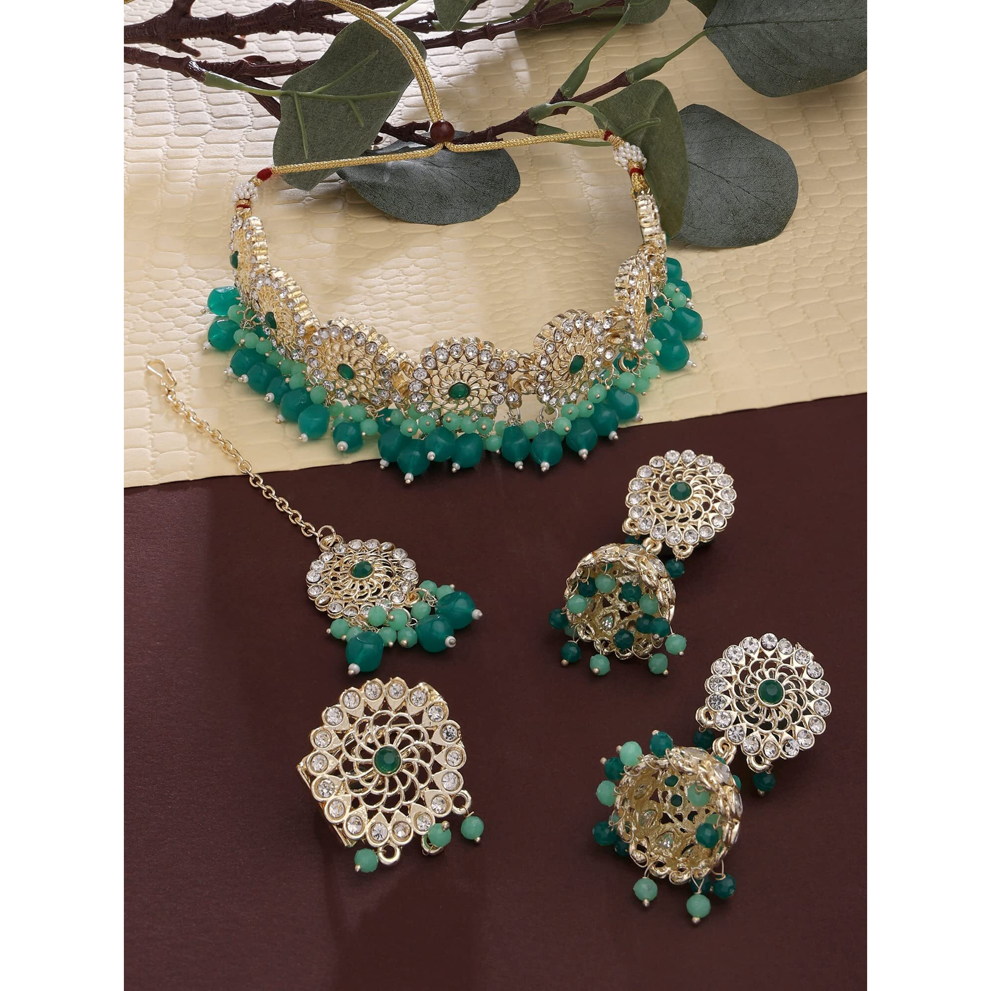 ZAVERI PEARLS Green Bead Drops Dazzling Diamonds Choker Necklace Earring Maangtikka & Ring Set For Women-ZPFK14397