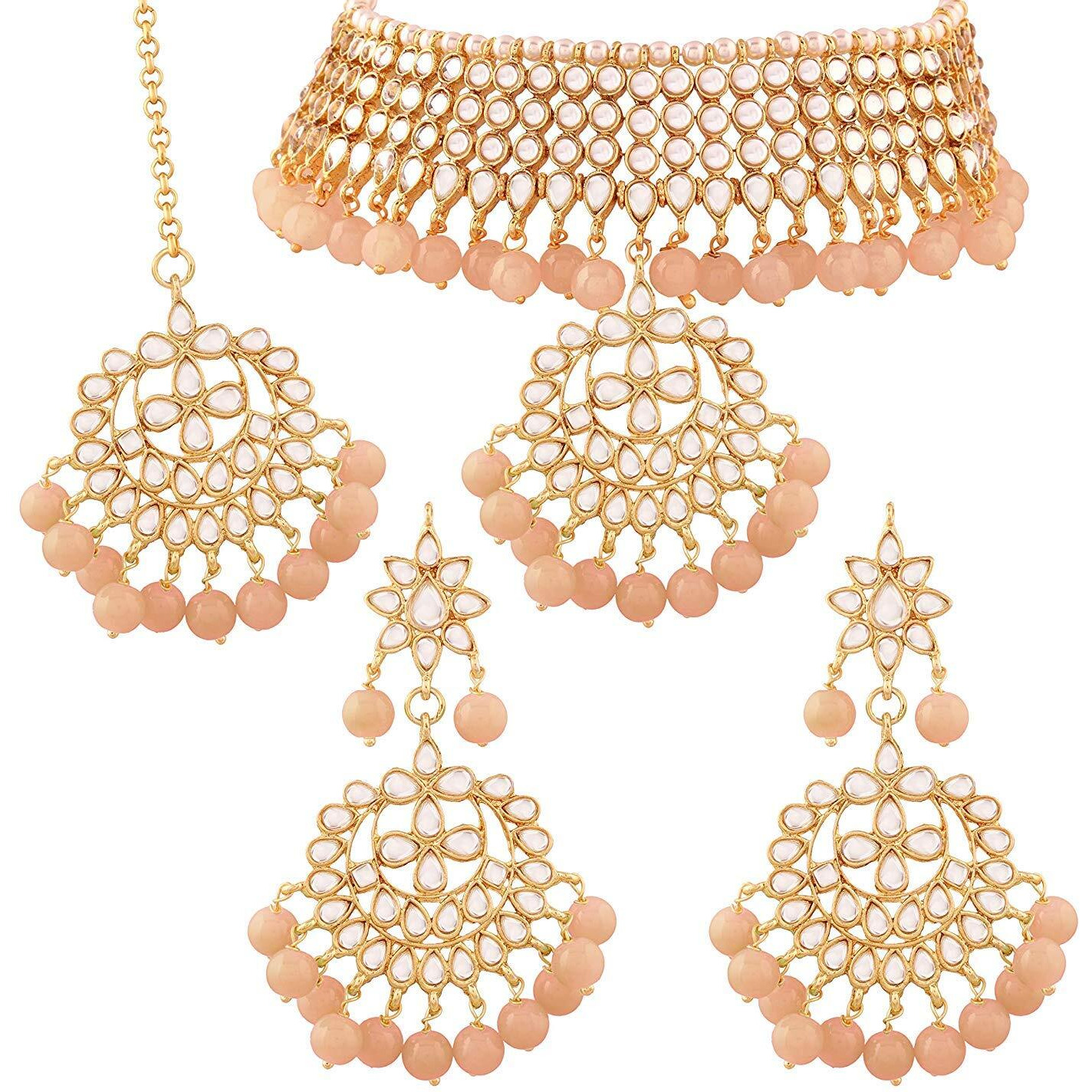Peora Gold Plated Kundan Faux Pearl Choker Necklace Earring Maang Tikka Traditional Jewellery Set for Women Girls