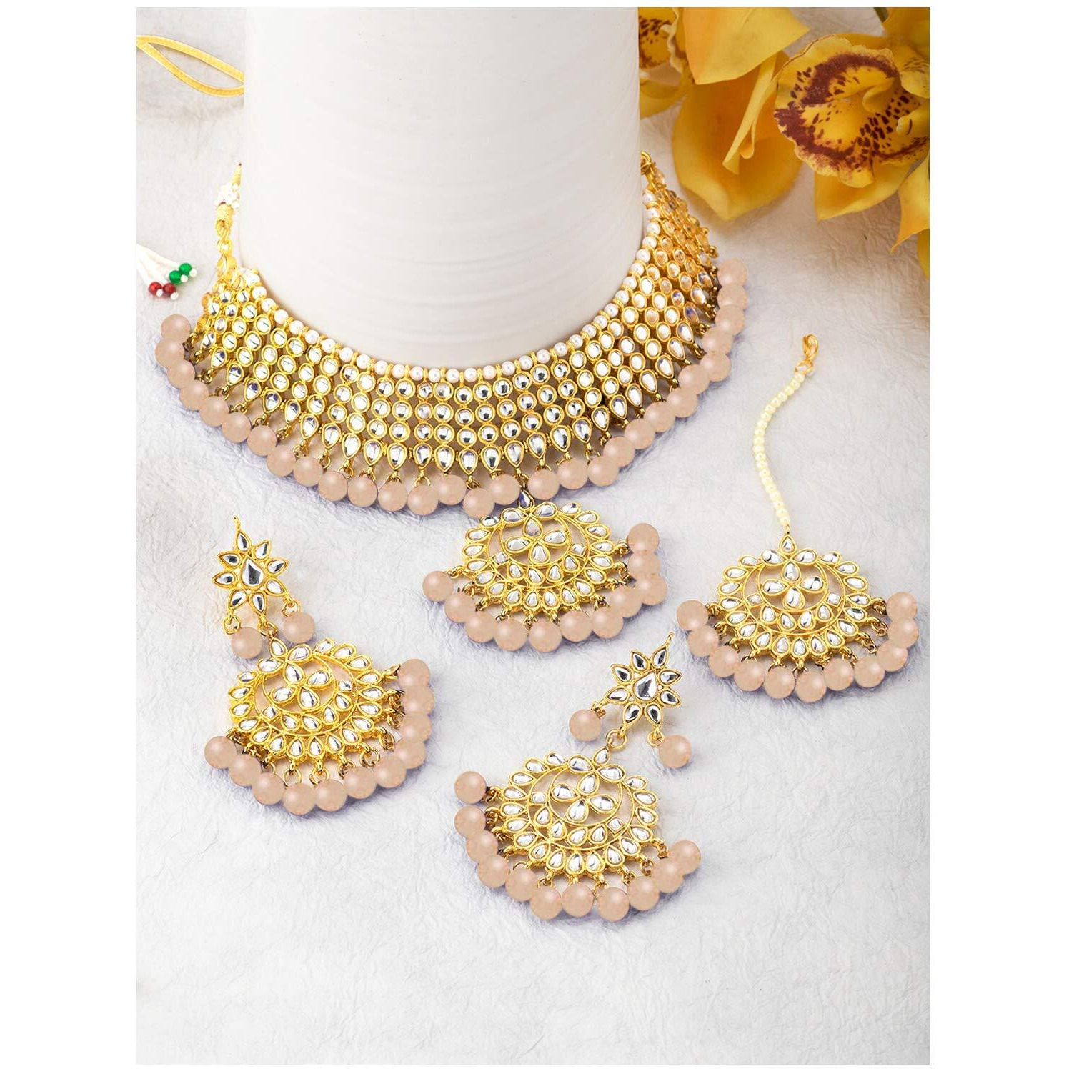 Peora Gold Plated Kundan Faux Pearl Choker Necklace Earring Maang Tikka Traditional Jewellery Set for Women Girls