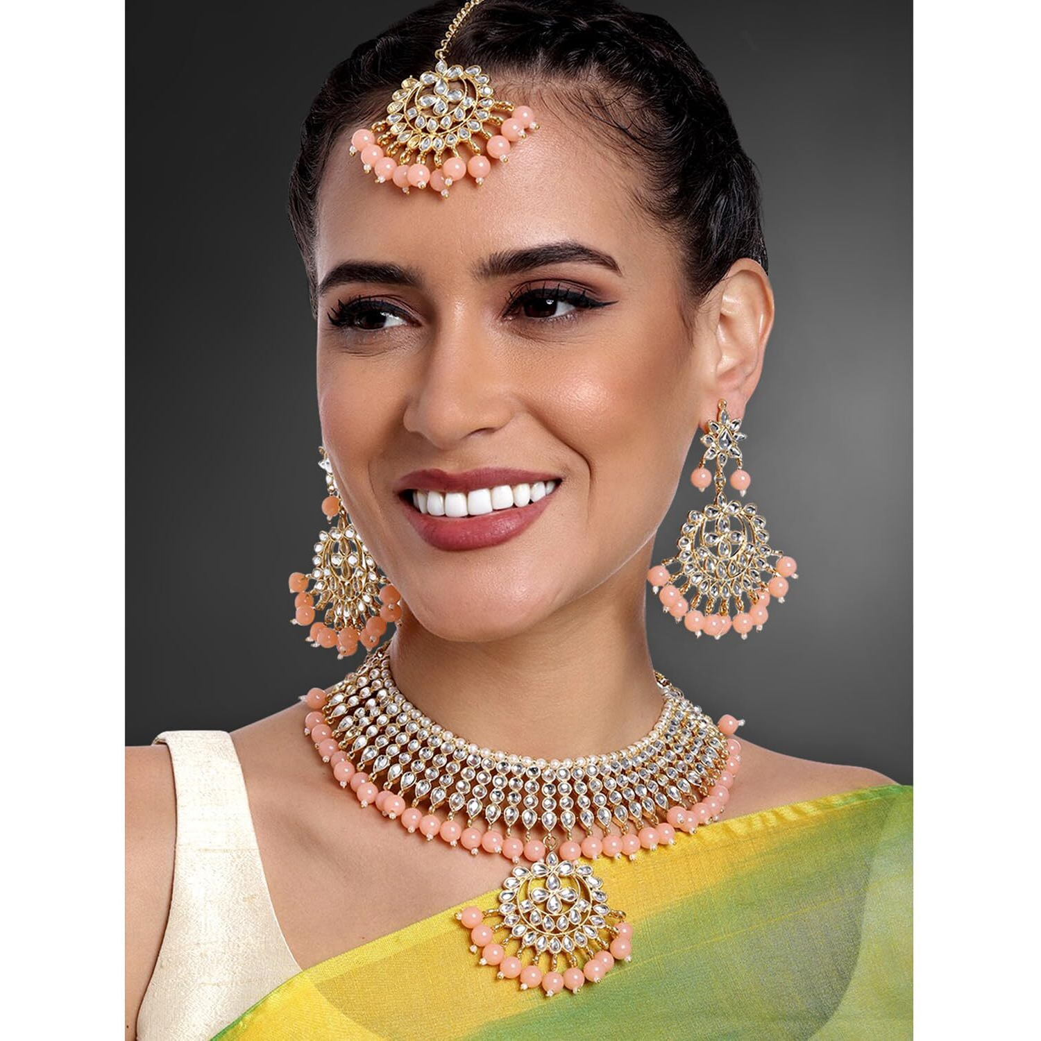 Peora Gold Plated Kundan Faux Pearl Choker Necklace Earring Maang Tikka Traditional Jewellery Set for Women Girls