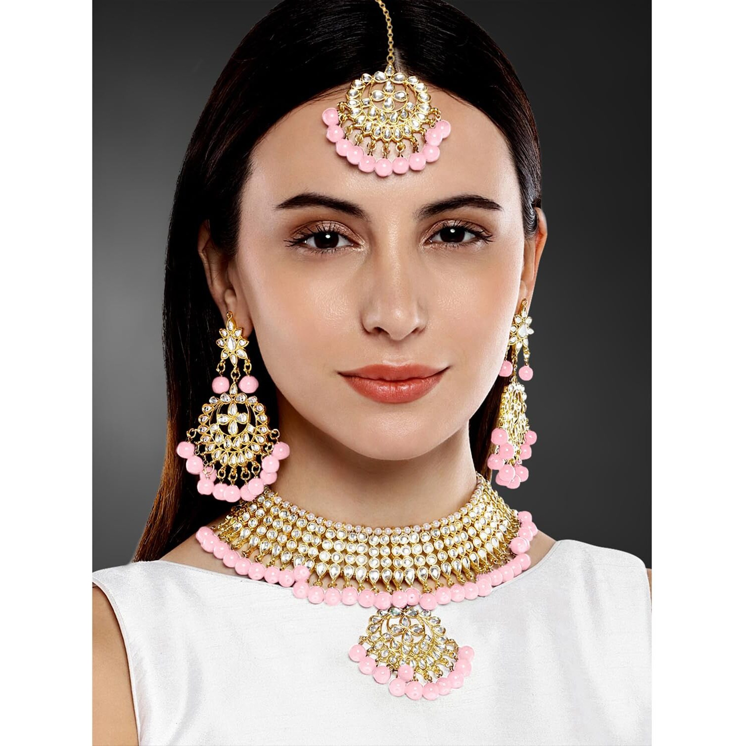Peora Gold Plated Kundan Faux Pearl Choker Necklace Earring Maang Tikka Traditional Jewellery Set for Women Girls