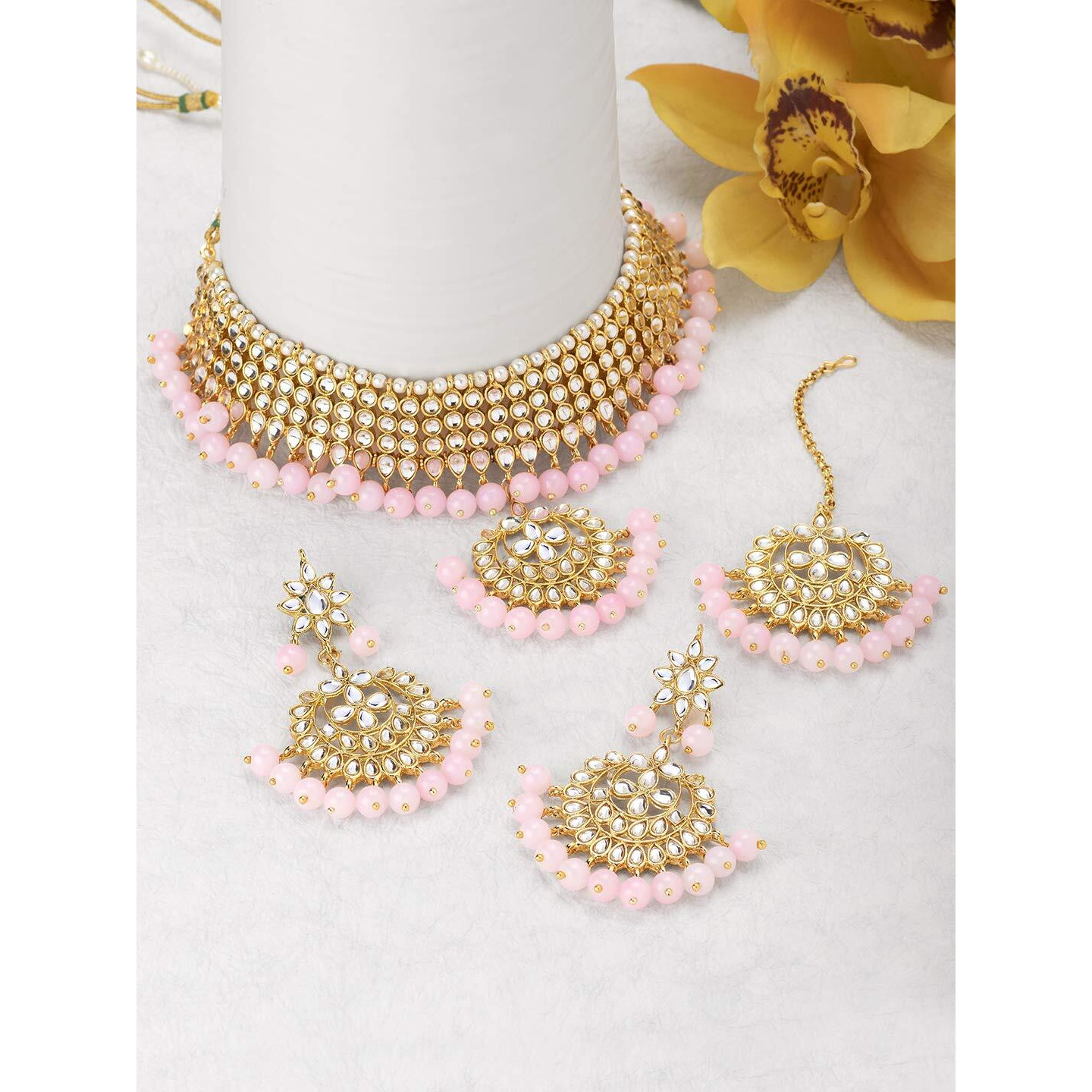 Peora Gold Plated Kundan Faux Pearl Choker Necklace Earring Maang Tikka Traditional Jewellery Set for Women Girls