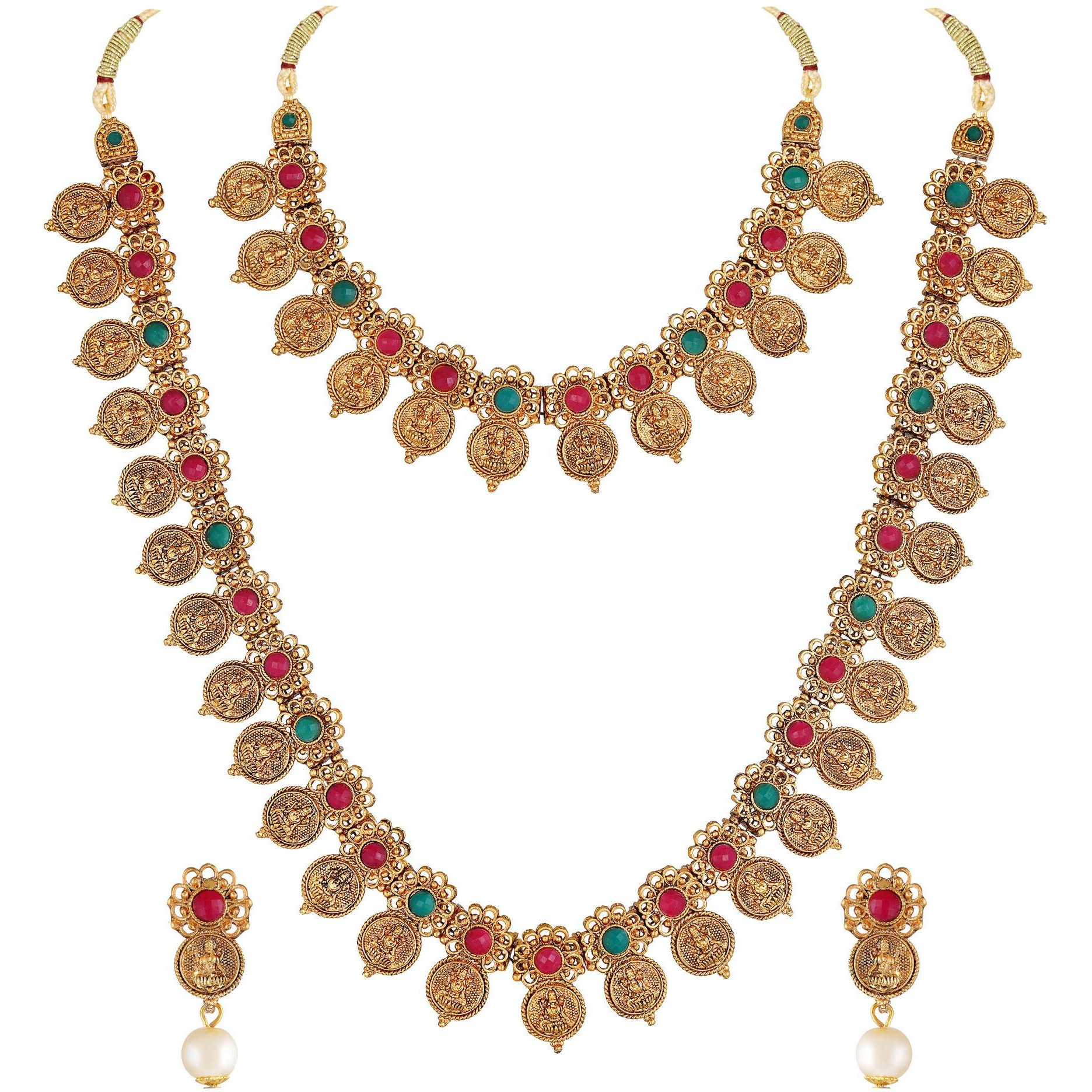 Shining Diva Fashion Latest Combo Design Stylish Temple Necklace Traditional Gold Plated Jewellery Set for Women (Multi-Colour) (10813s)