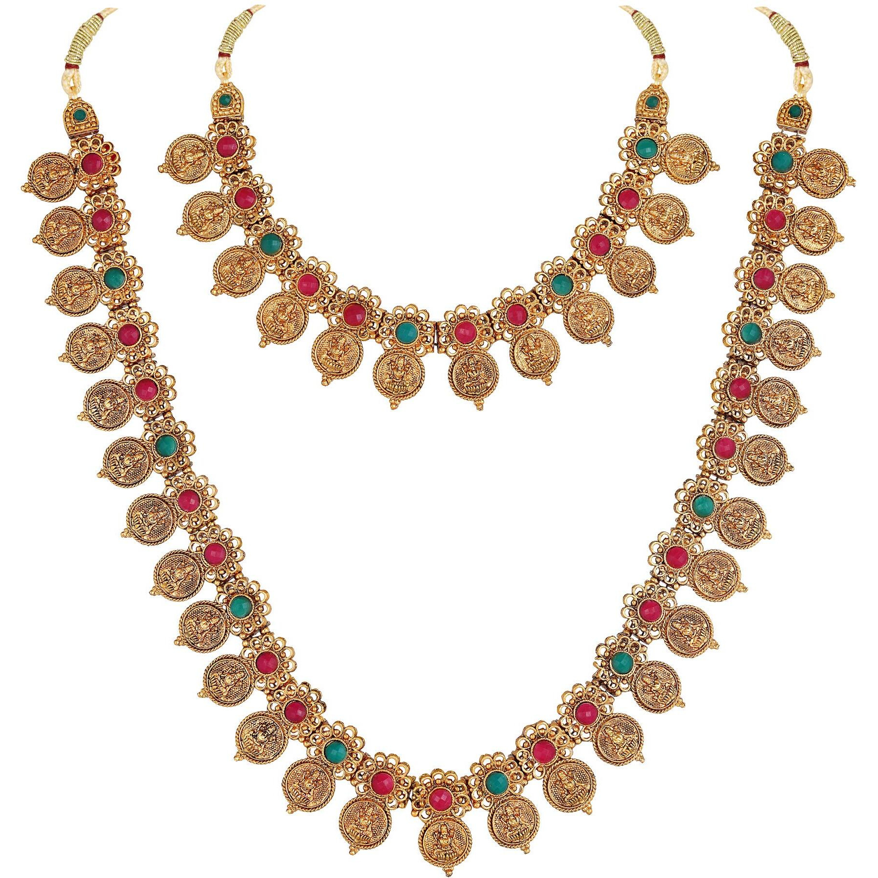 Shining Diva Fashion Latest Combo Design Stylish Temple Necklace Traditional Gold Plated Jewellery Set for Women (Multi-Colour) (10813s)