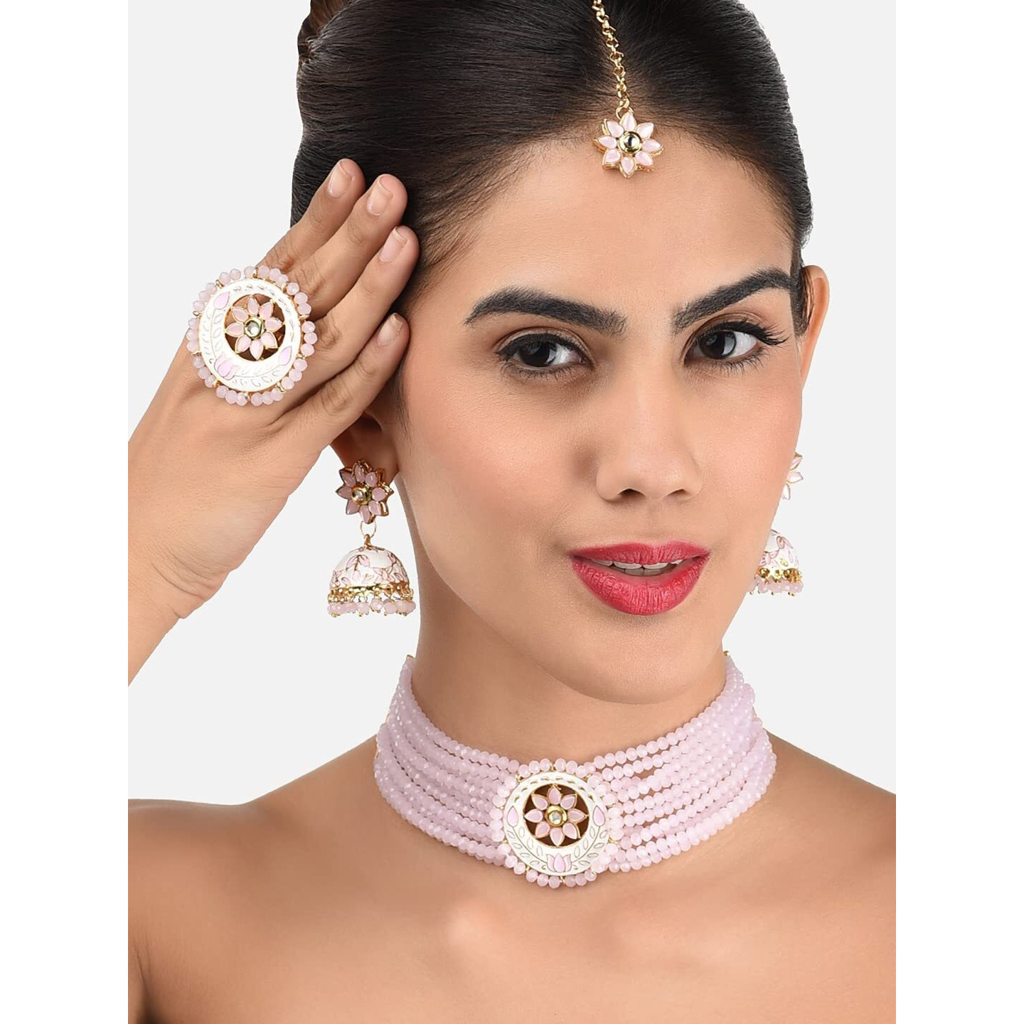 ZAVERI PEARLS Pink Multistrand Choker Necklace Earring Maangtikka & Ring Set For Women-ZPFK11474