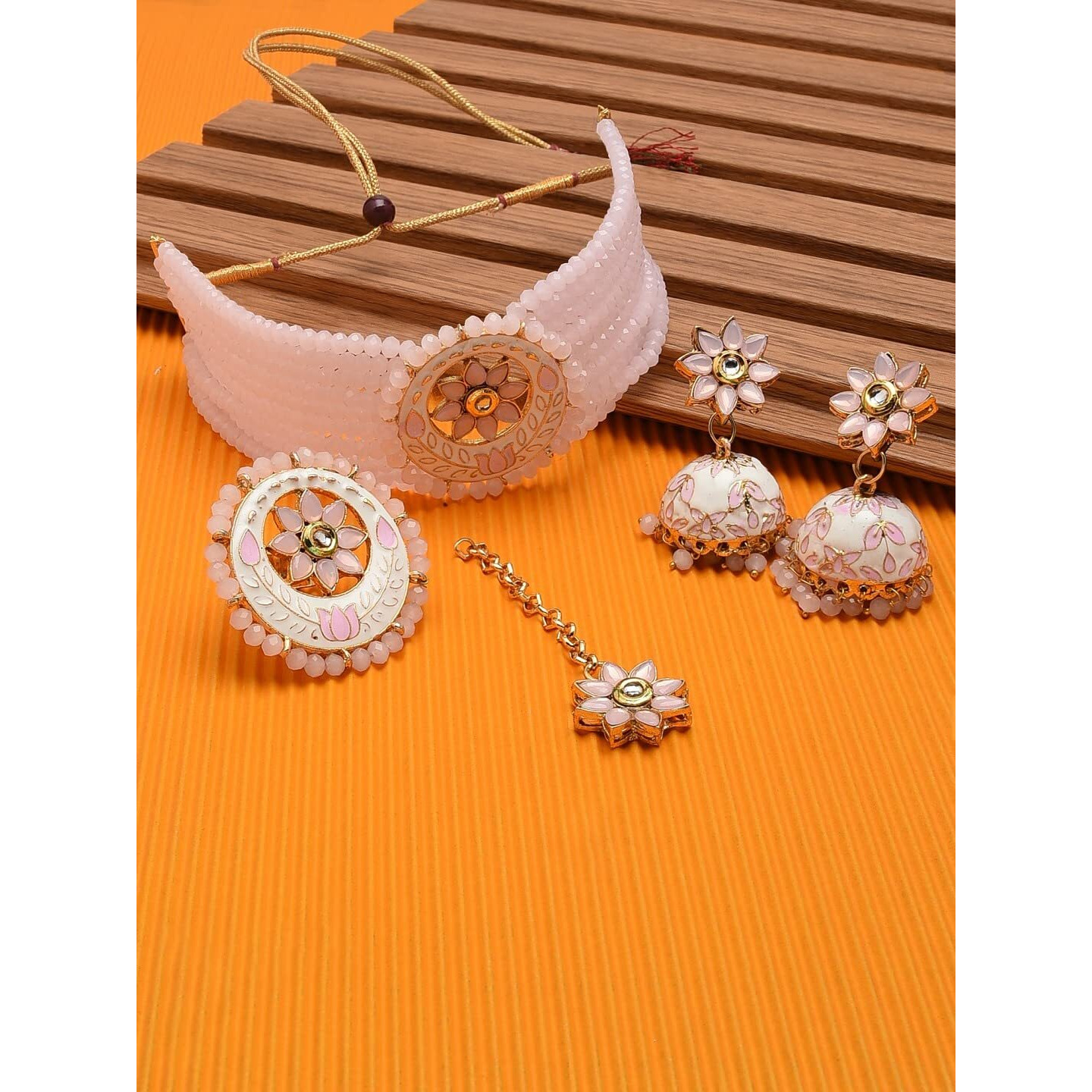 ZAVERI PEARLS Pink Multistrand Choker Necklace Earring Maangtikka & Ring Set For Women-ZPFK11474