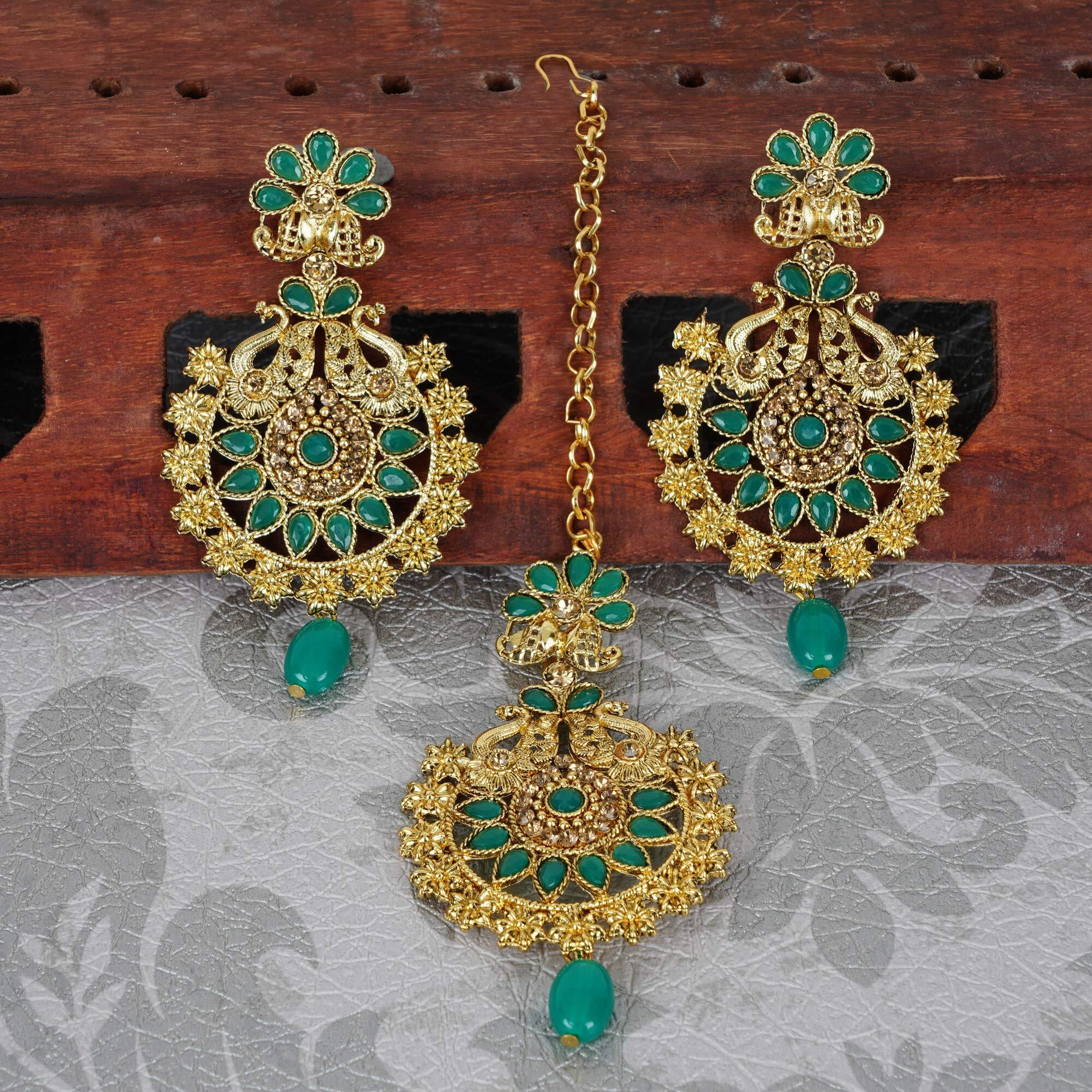 Shining Diva Fashion Stylish Peacock Traditional Jewellery Maang Tikka Earrings Set for Women and Girls (Green) (10163mter)