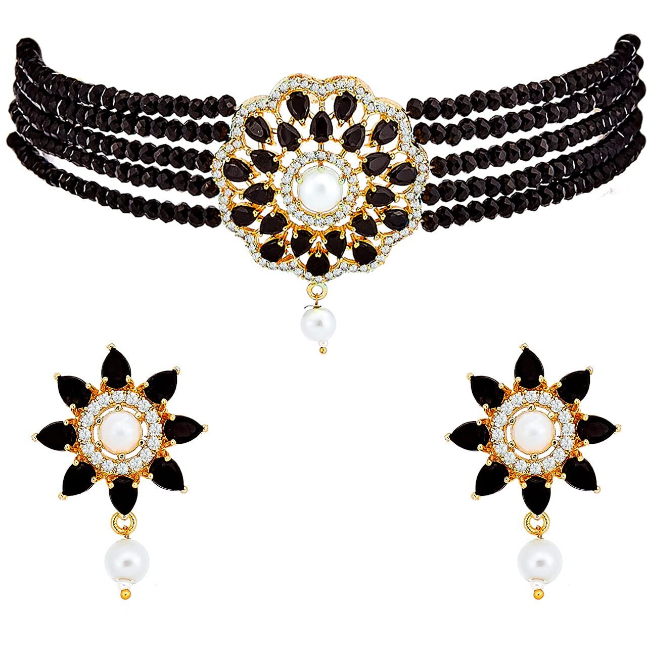 ZENEME Necklace Gold Plated American Diamond Choker Necklace Beaded With Earring Set Jewellery Set for Women & Girls (Black)