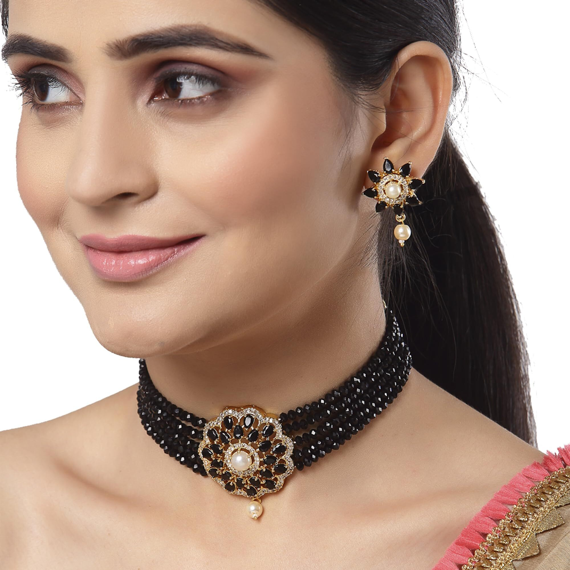 ZENEME Necklace Gold Plated American Diamond Choker Necklace Beaded With Earring Set Jewellery Set for Women & Girls (Black)