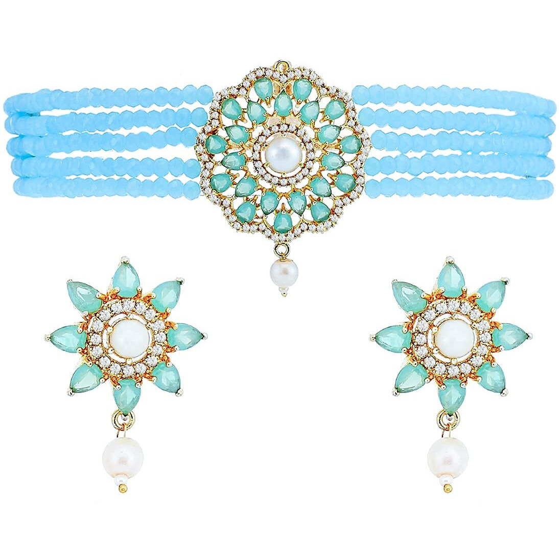 ZENEME Necklace Gold Plated American Diamond Choker Necklace Beaded With Earring Set Jewellery Set for Women & Girls (Sky Blue)