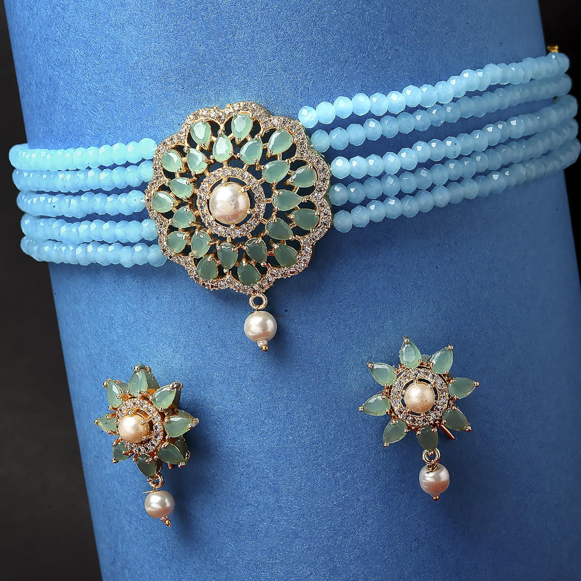 ZENEME Necklace Gold Plated American Diamond Choker Necklace Beaded With Earring Set Jewellery Set for Women & Girls (Sky Blue)