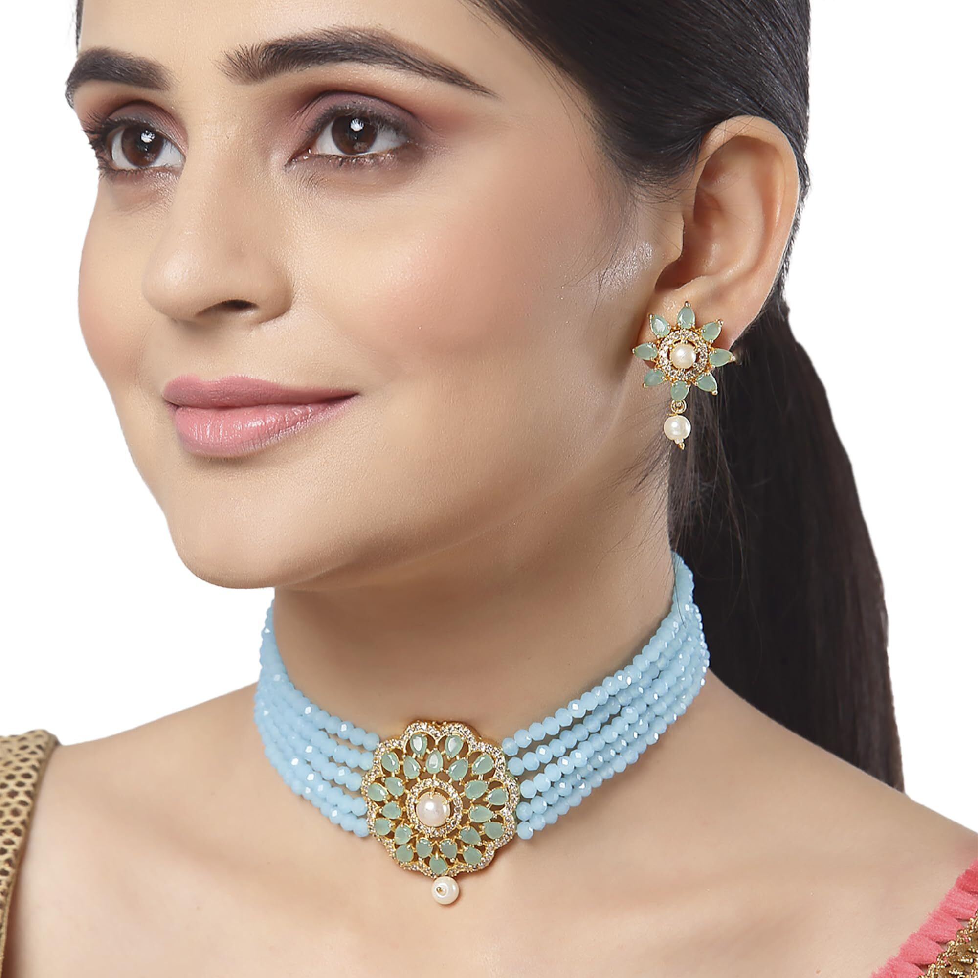ZENEME Necklace Gold Plated American Diamond Choker Necklace Beaded With Earring Set Jewellery Set for Women & Girls (Sky Blue)