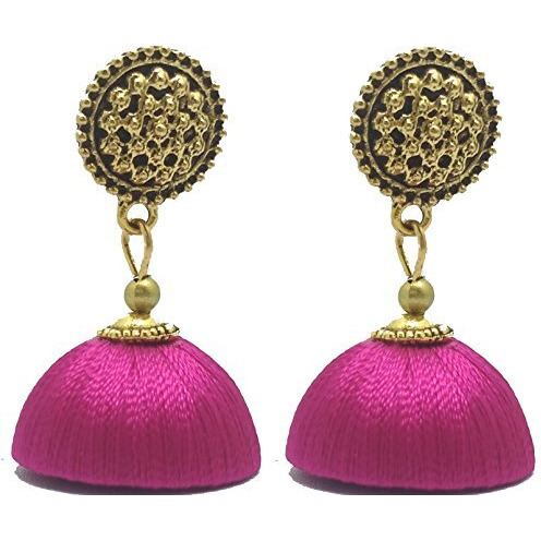 MDS Fashions Silk Thread Beads with Antique Chakra Necklace and Earrings Set for Beautiful Women (MDS-1046) (Magenta)