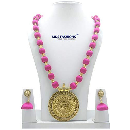 MDS Fashions Silk Thread Beads with Antique Chakra Necklace and Earrings Set for Beautiful Women (MDS-1046) (Magenta)
