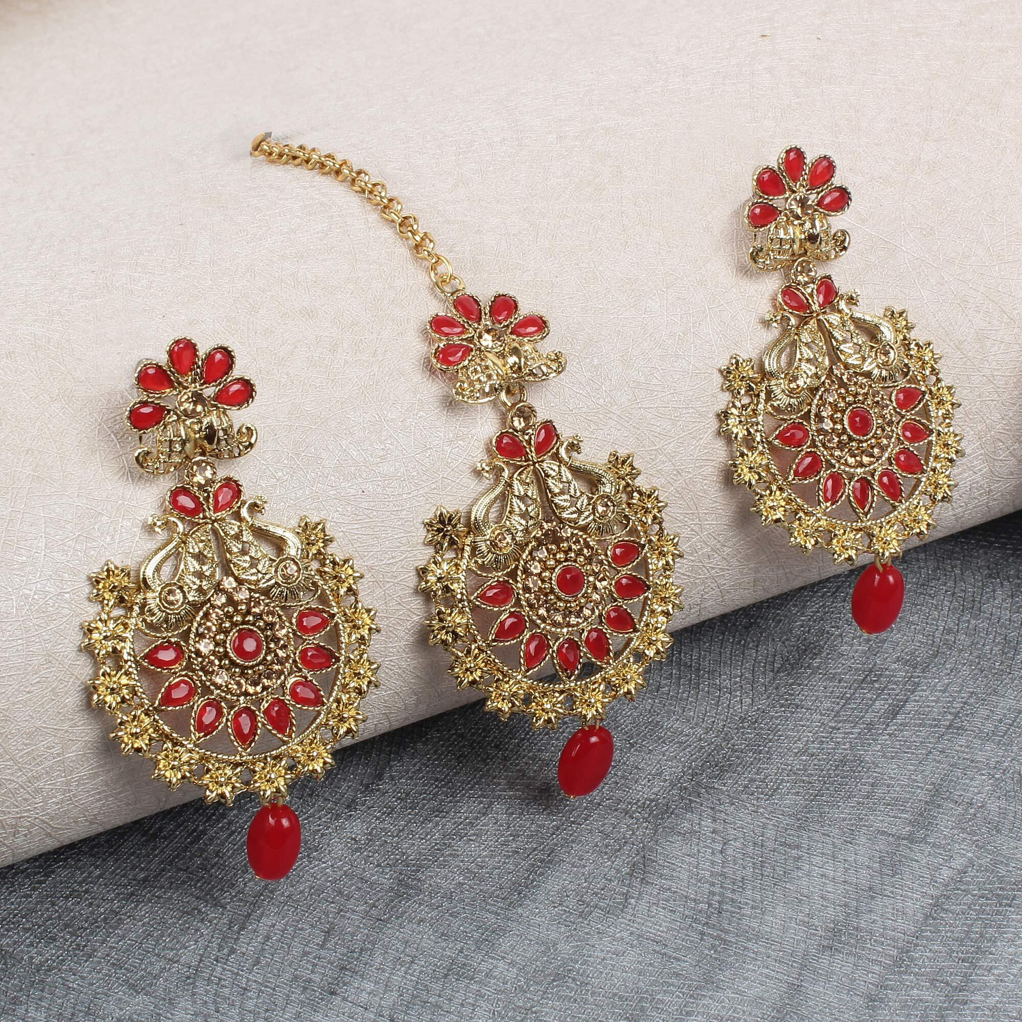 Shining Diva Fashion Latest Stylish Gold Plated Peacock Traditional Maang Tikka Earrings Jewellery Set for Women (Red, 10164mter)