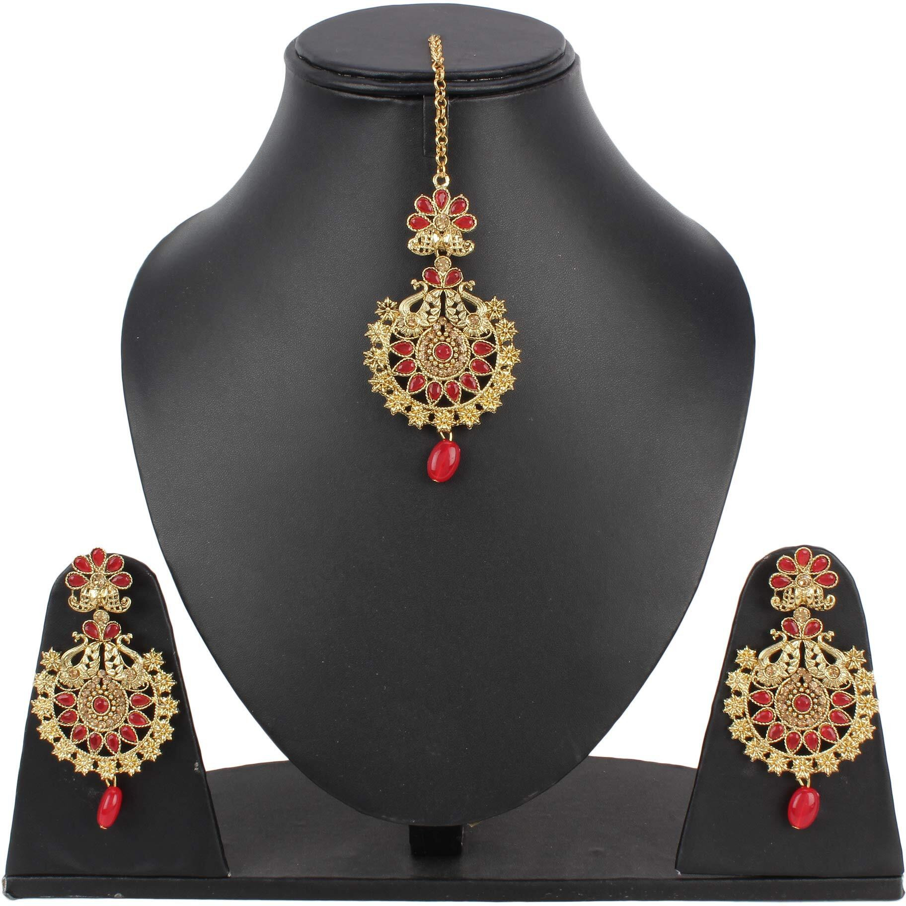 Shining Diva Fashion Latest Stylish Gold Plated Peacock Traditional Maang Tikka Earrings Jewellery Set for Women (Red, 10164mter)