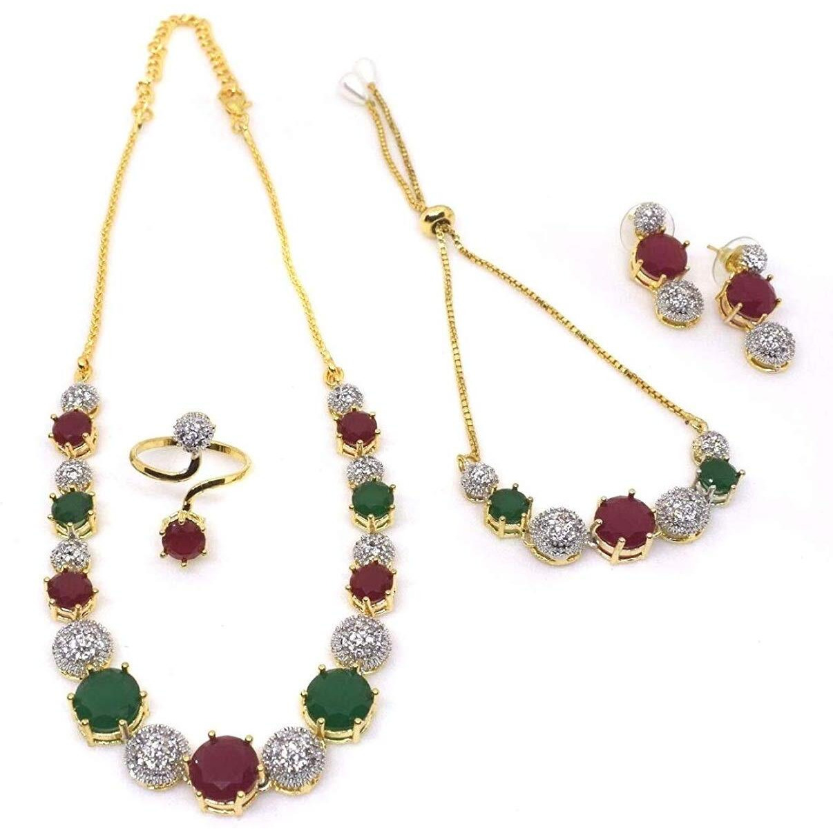M CREATION American Diamond Ruby Gold Plated and American Diamond Ruby Necklace Set With Earring Ring And Bracelet for Women & Girls (Set of 5) (Red, White & Green)