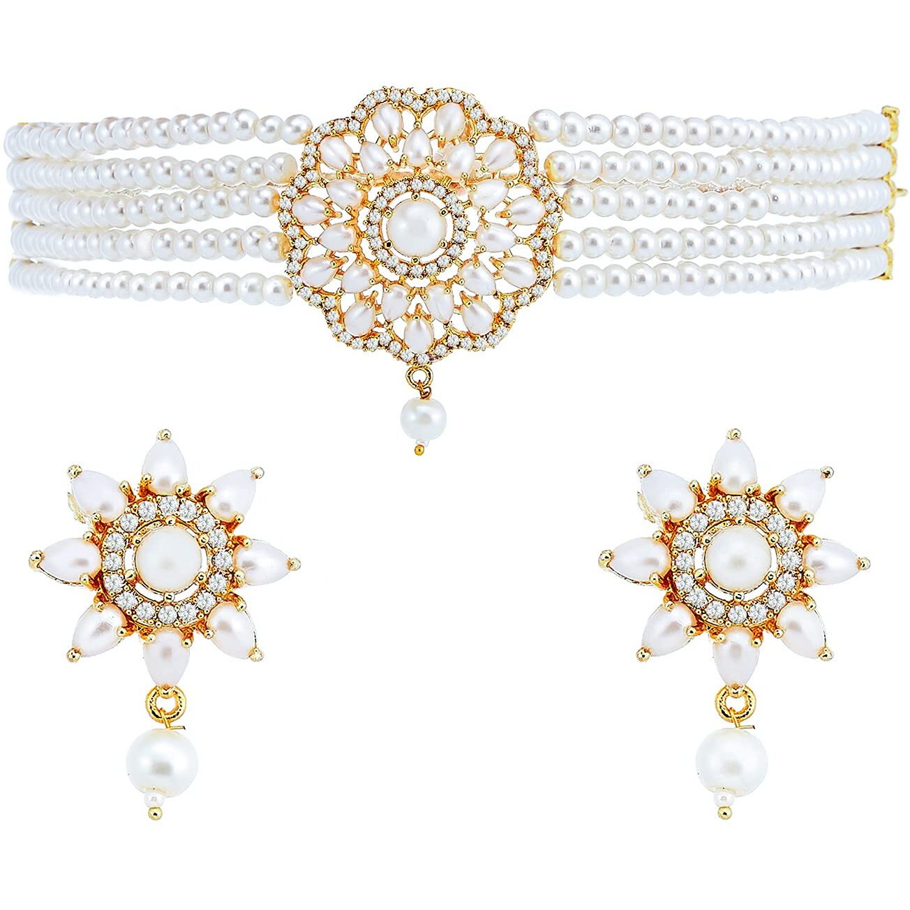 ZENEME Necklace Gold Plated American Diamond Choker Necklace Beaded With Earring Set Jewellery Set for Women & Girls (Pearl)