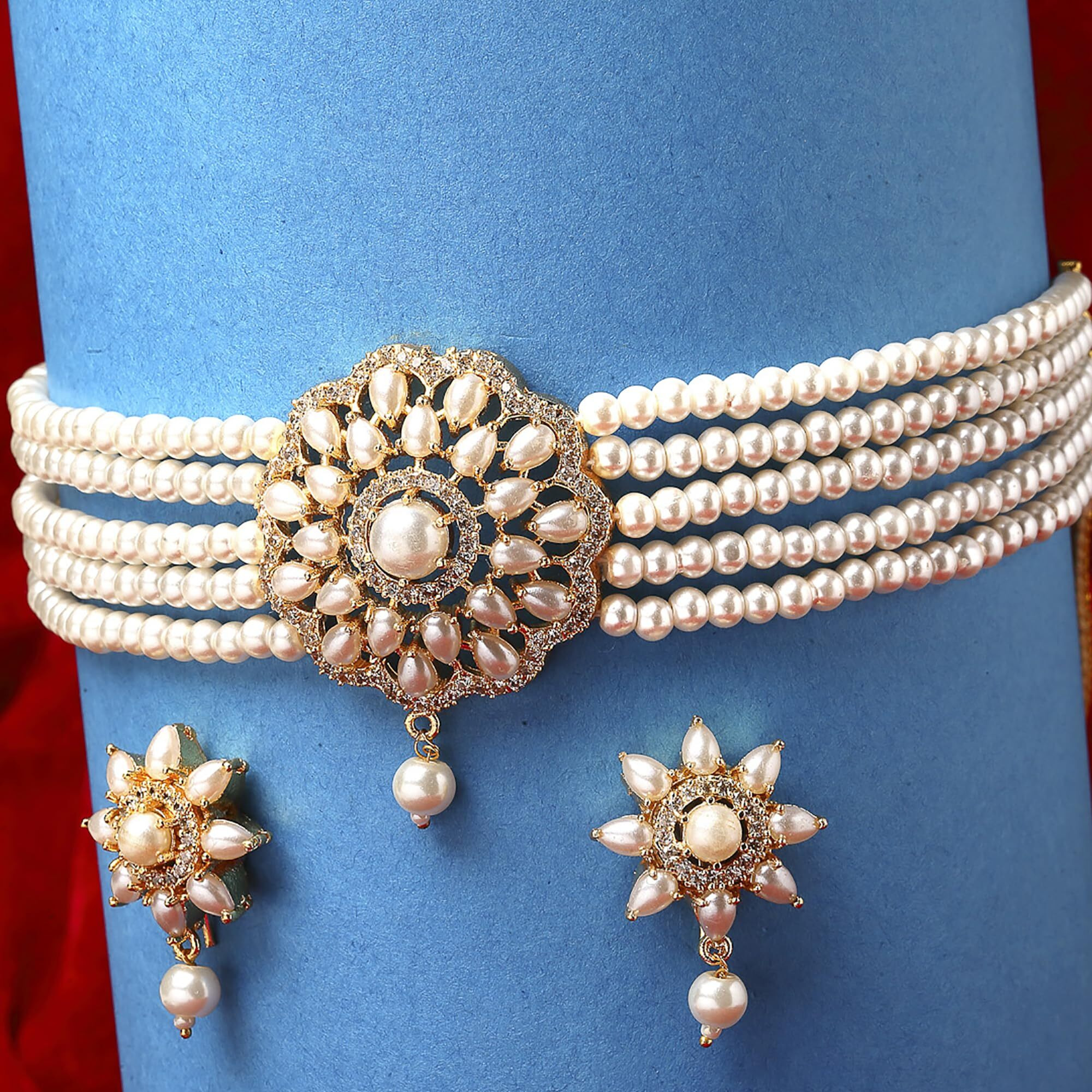 ZENEME Necklace Gold Plated American Diamond Choker Necklace Beaded With Earring Set Jewellery Set for Women & Girls (Pearl)