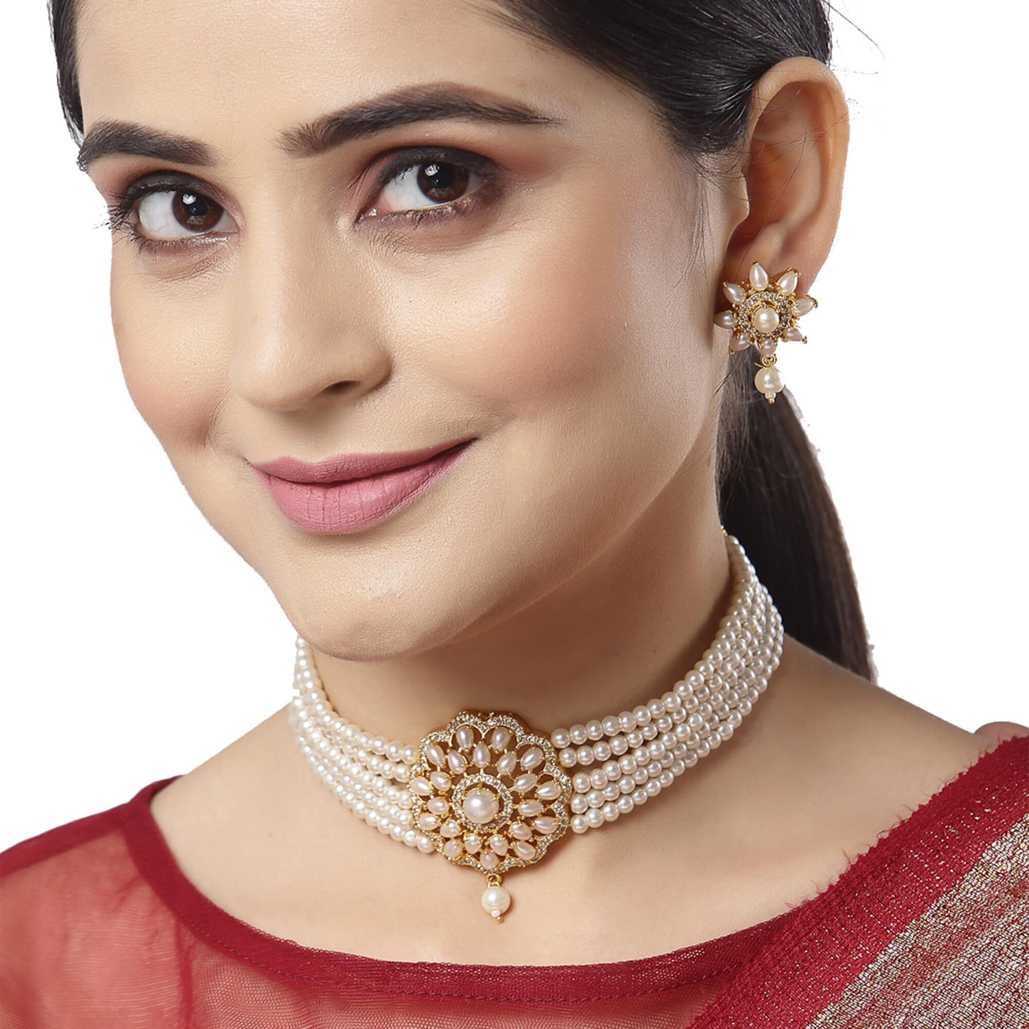 ZENEME Necklace Gold Plated American Diamond Choker Necklace Beaded With Earring Set Jewellery Set for Women & Girls (Pearl)