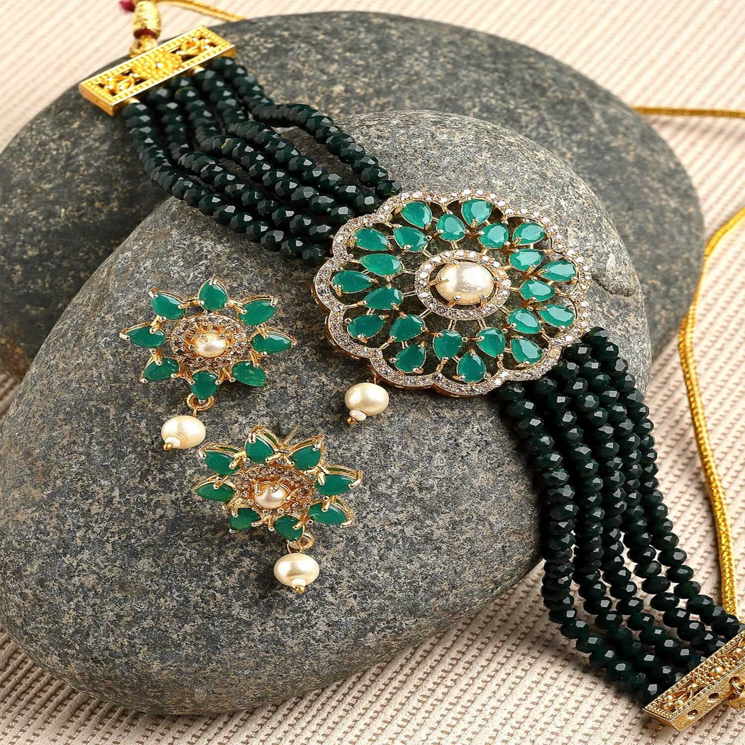 ZENEME Necklace Gold Plated American Diamond Choker Necklace Beaded With Earring Set Jewellery Set for Women & Girls (Green)