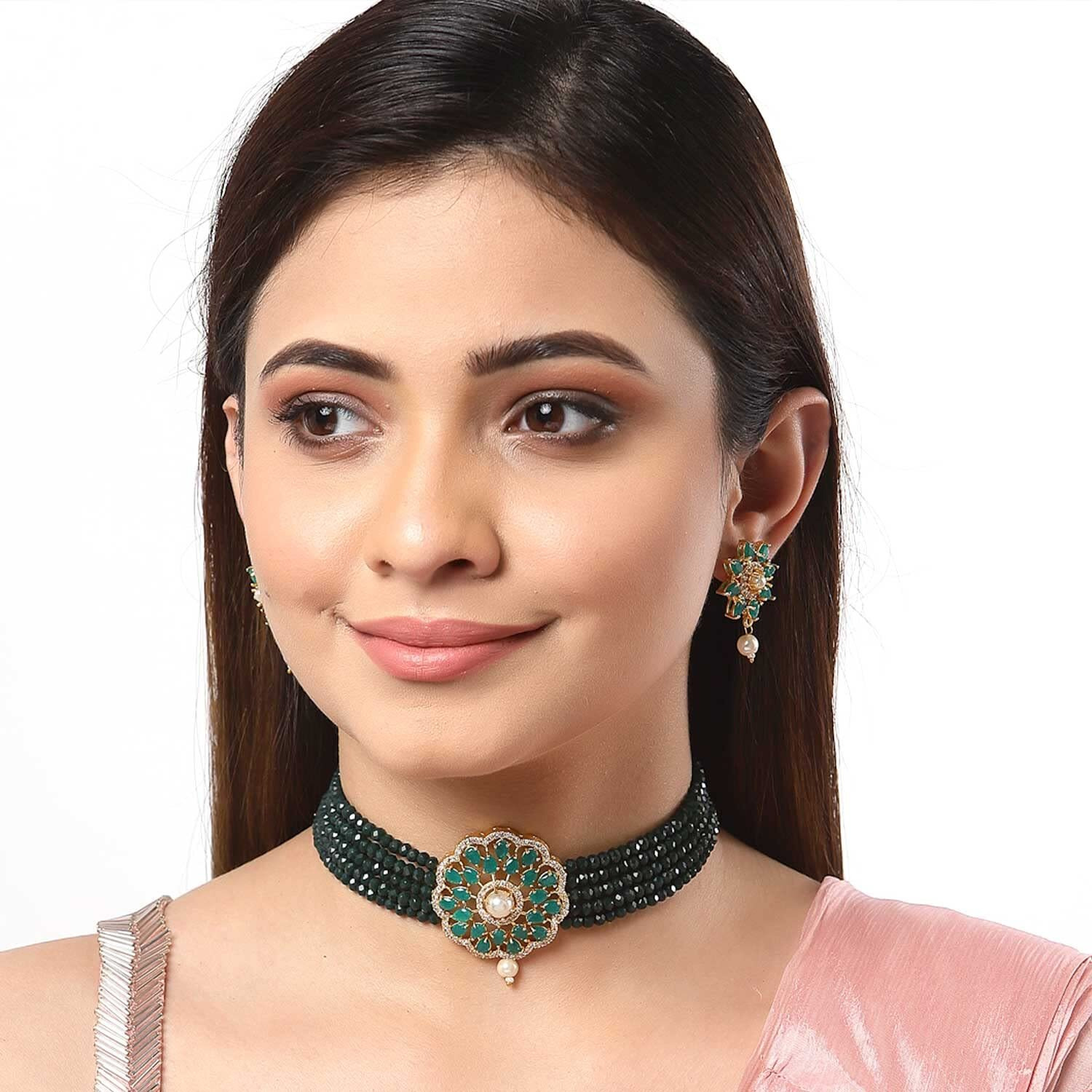 ZENEME Necklace Gold Plated American Diamond Choker Necklace Beaded With Earring Set Jewellery Set for Women & Girls (Green)