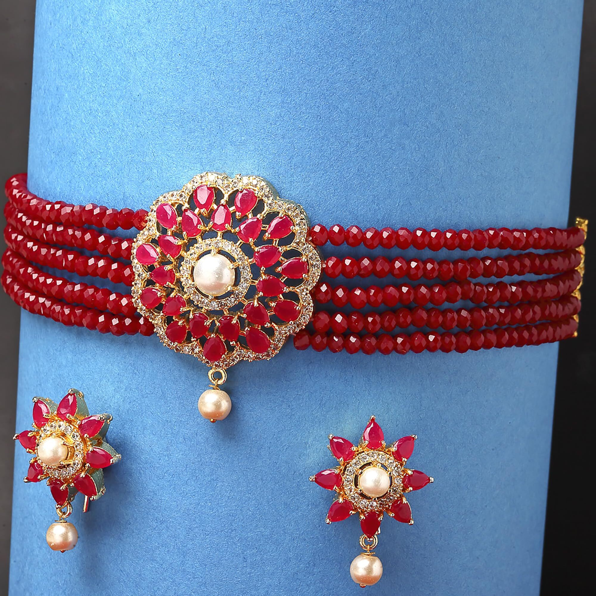 ZENEME Necklace Gold Plated American Diamond Choker Necklace Beaded With Earring Set Jewellery Set for Women & Girls (Maroon)