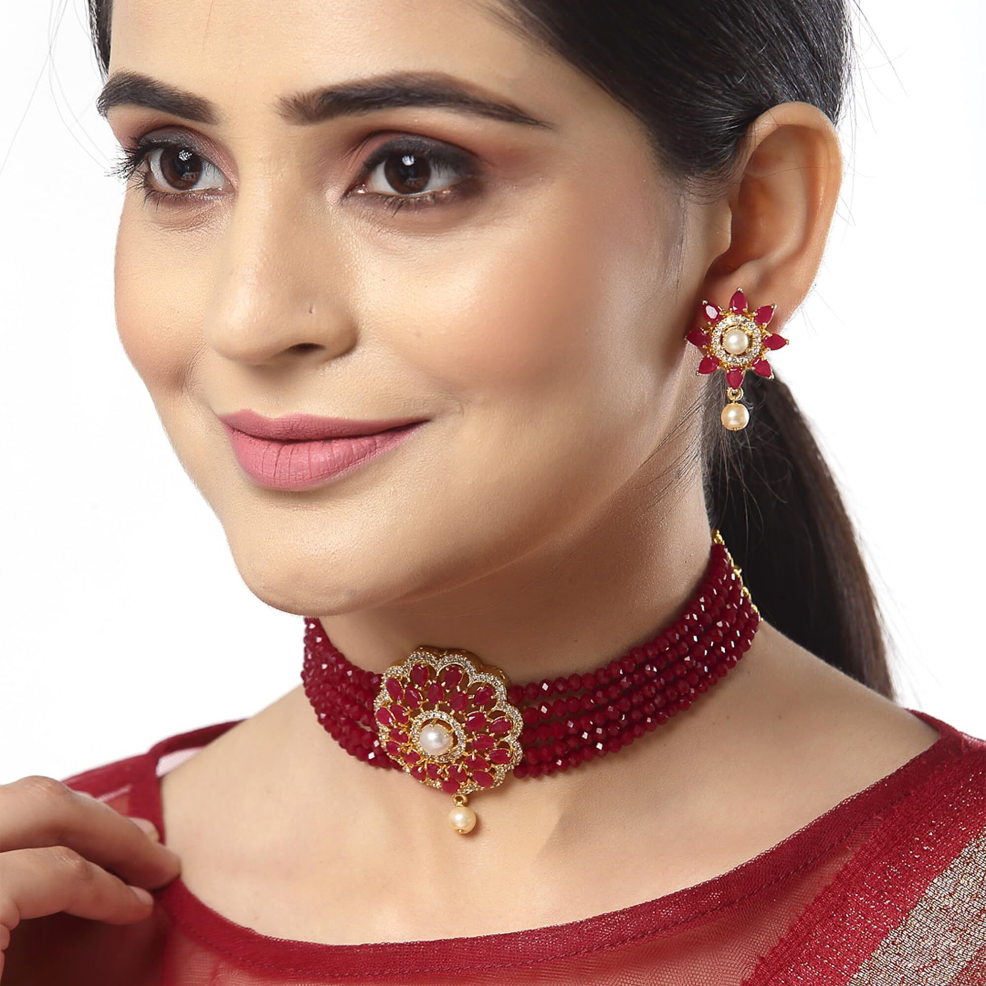ZENEME Necklace Gold Plated American Diamond Choker Necklace Beaded With Earring Set Jewellery Set for Women & Girls (Maroon)