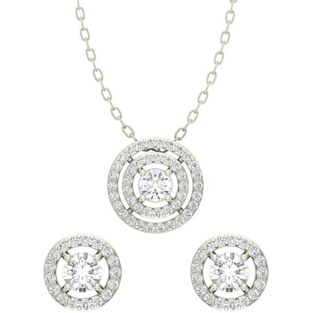 Clara 925 Sterling Silver Rhodium Plated Halo Pendant Earring Necklace Set With Chain Gift for Women and Girls