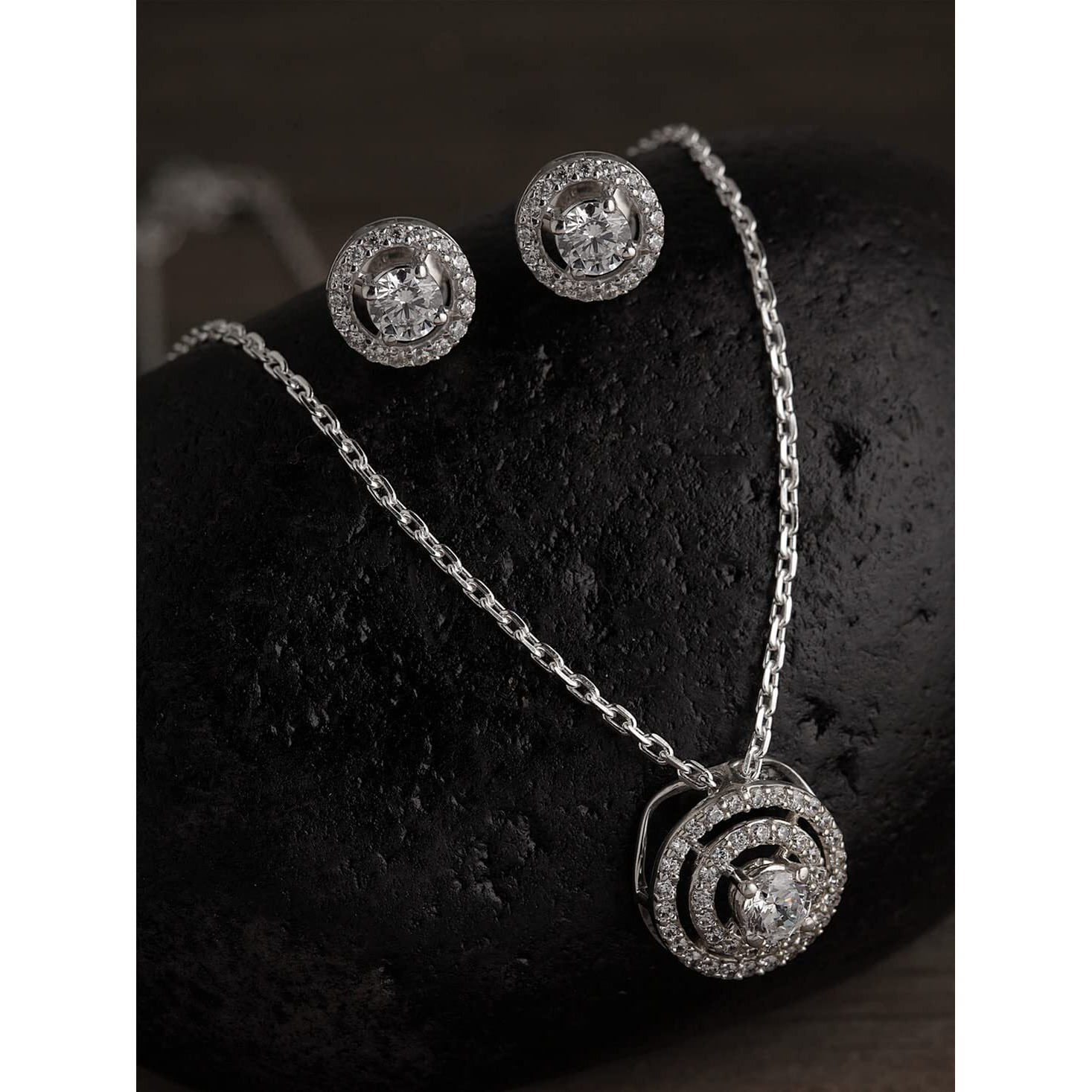Clara 925 Sterling Silver Rhodium Plated Halo Pendant Earring Necklace Set With Chain Gift for Women and Girls