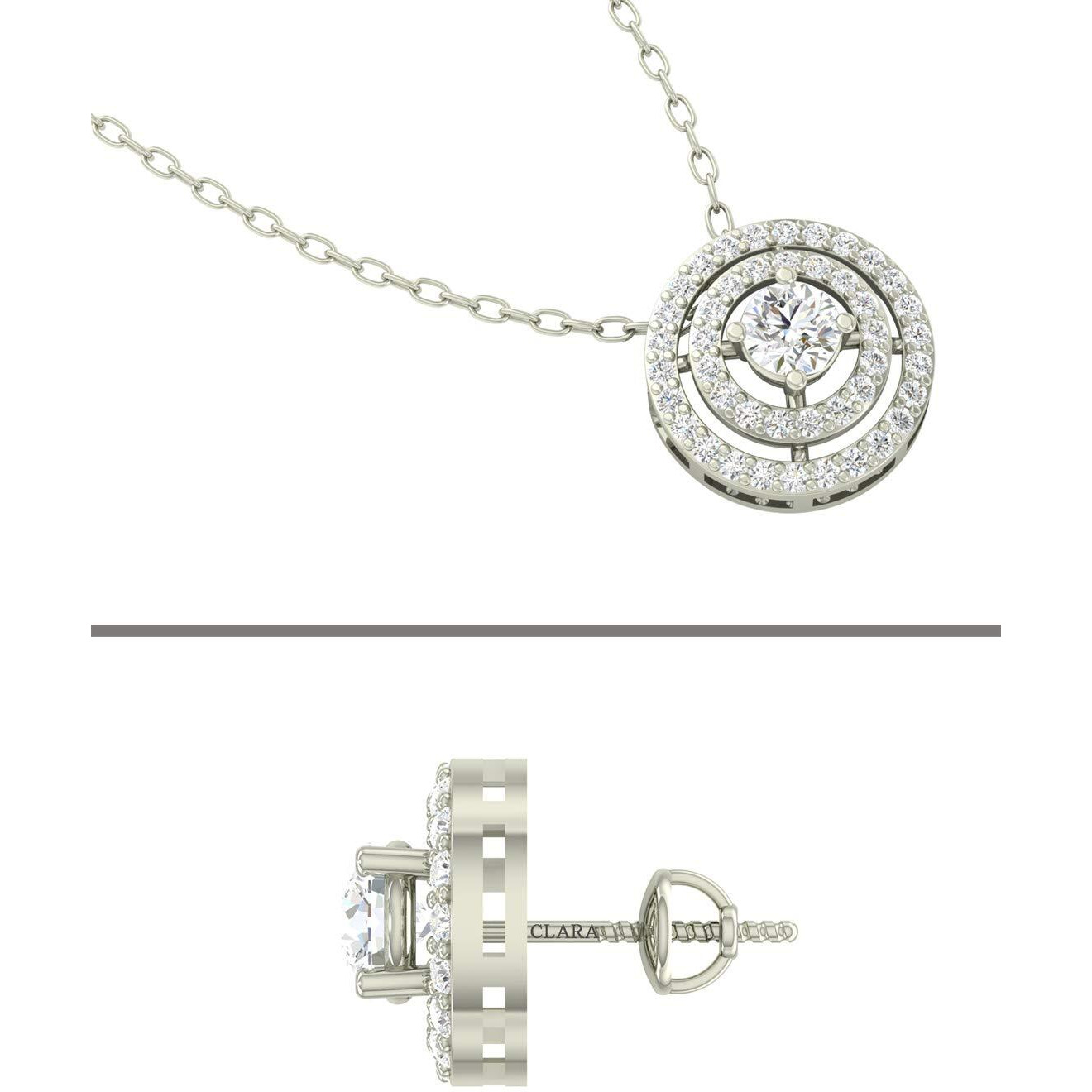 Clara 925 Sterling Silver Rhodium Plated Halo Pendant Earring Necklace Set With Chain Gift for Women and Girls