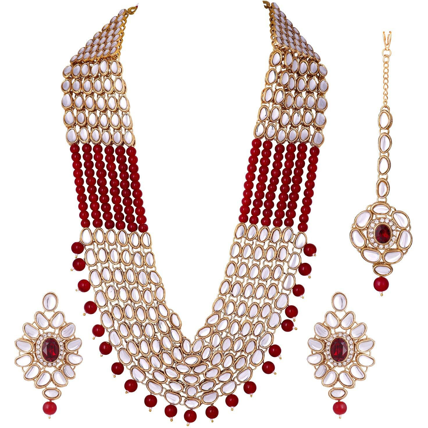 Peora Gold-plated Brass and Pearl Rani Haar Necklace With Earrings And Mang Tika for Women & Girls (Maroon)