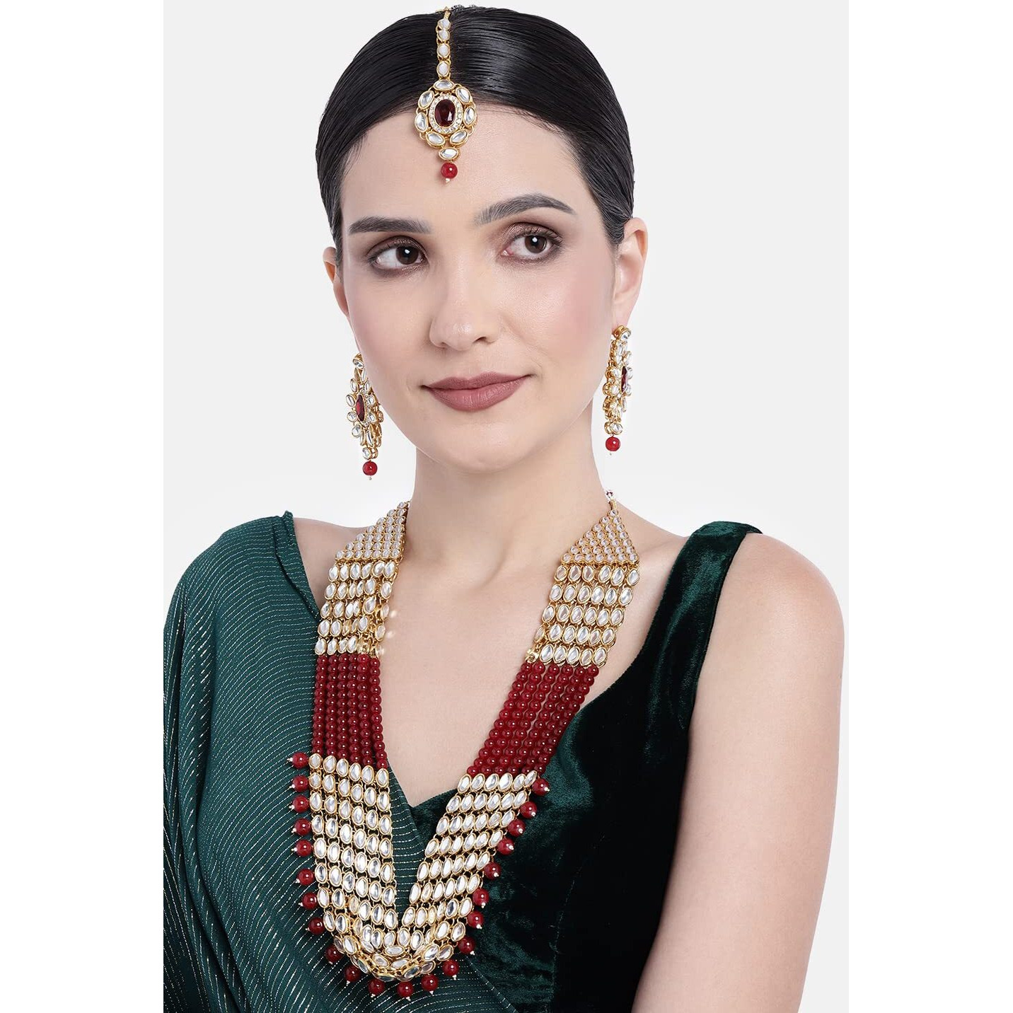 Peora Gold-plated Brass and Pearl Rani Haar Necklace With Earrings And Mang Tika for Women & Girls (Maroon)