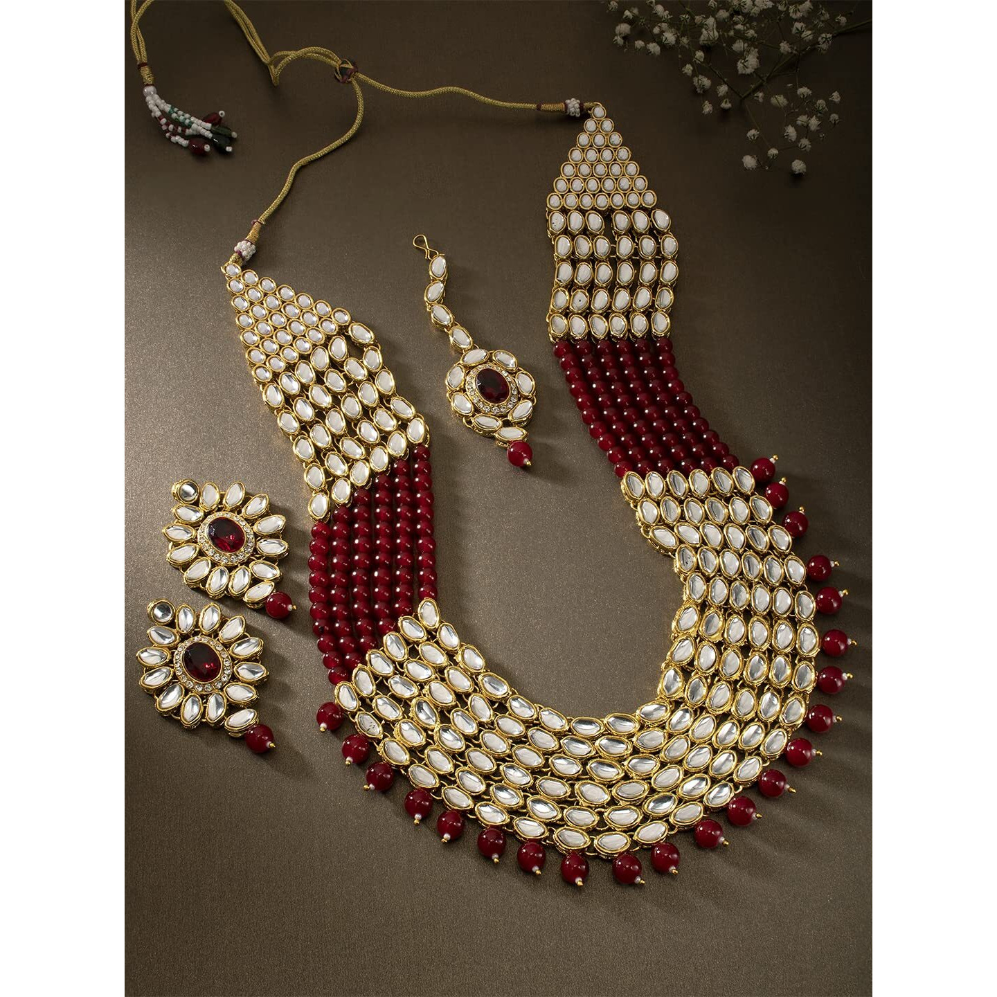 Peora Gold-plated Brass and Pearl Rani Haar Necklace With Earrings And Mang Tika for Women & Girls (Maroon)