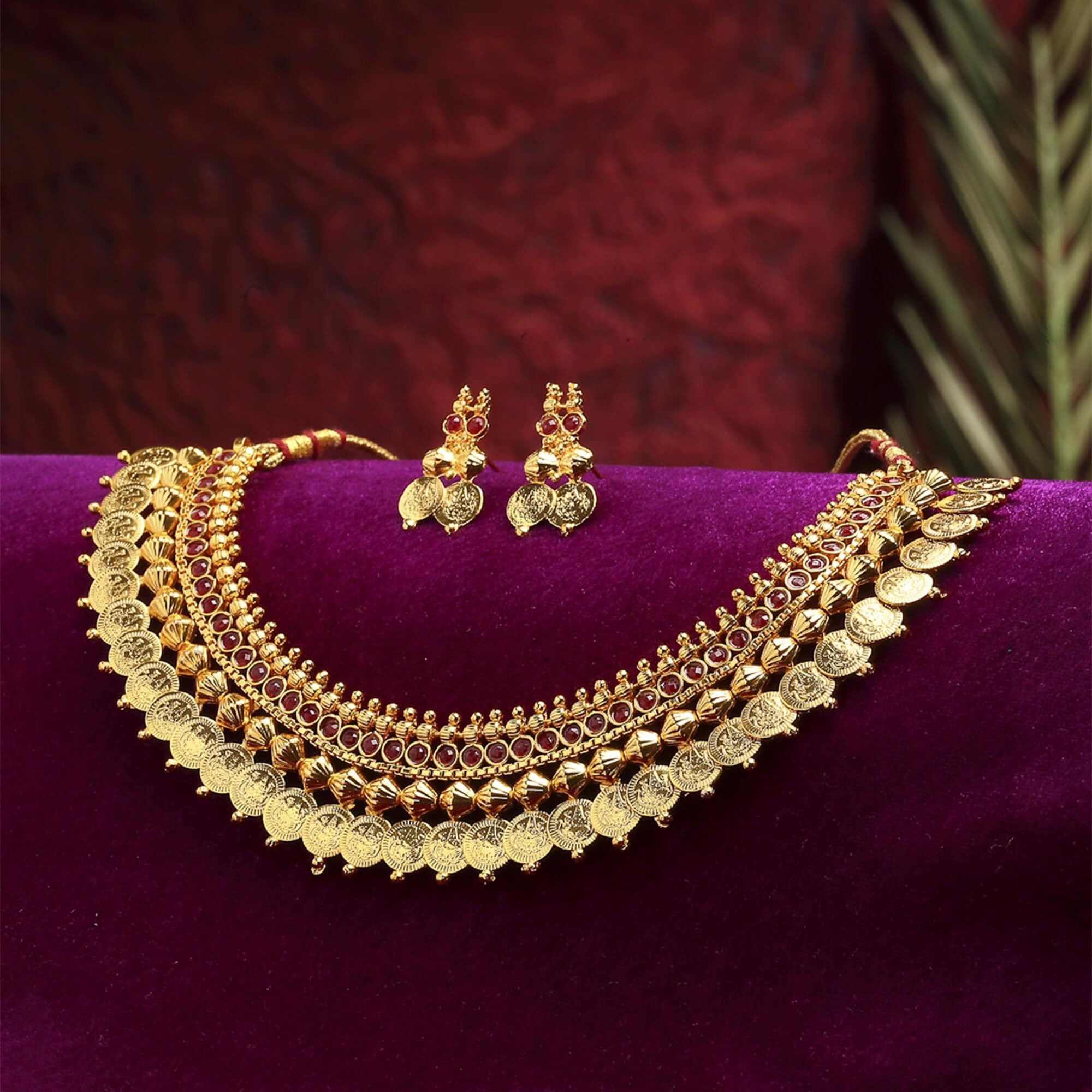 ZENEME Jewellery Set Gold Plated Temple Coin Traditional Maa Lakshmi Necklace Set With Earring Jewellery for Women & Girls (Red)