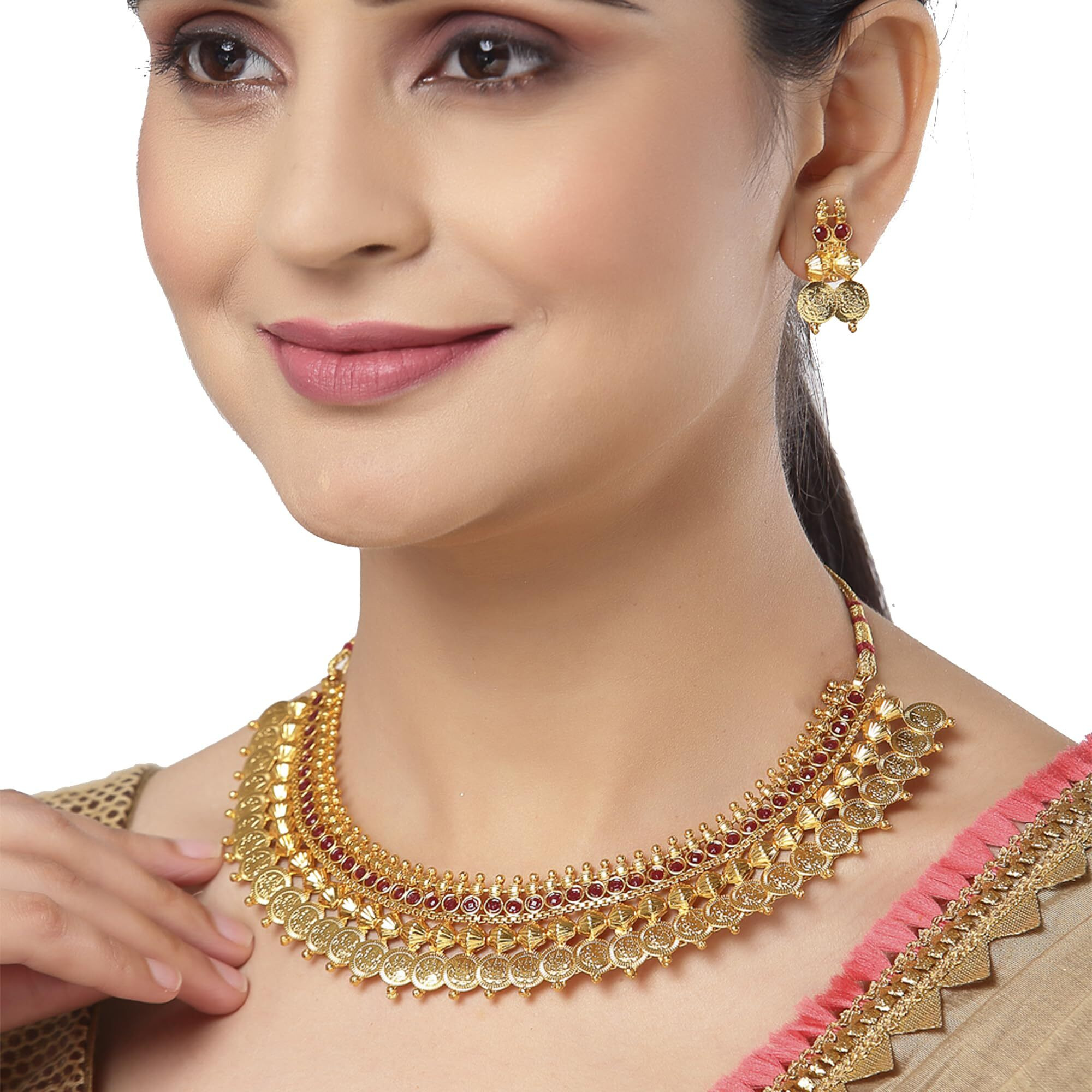 ZENEME Jewellery Set Gold Plated Temple Coin Traditional Maa Lakshmi Necklace Set With Earring Jewellery for Women & Girls (Red)